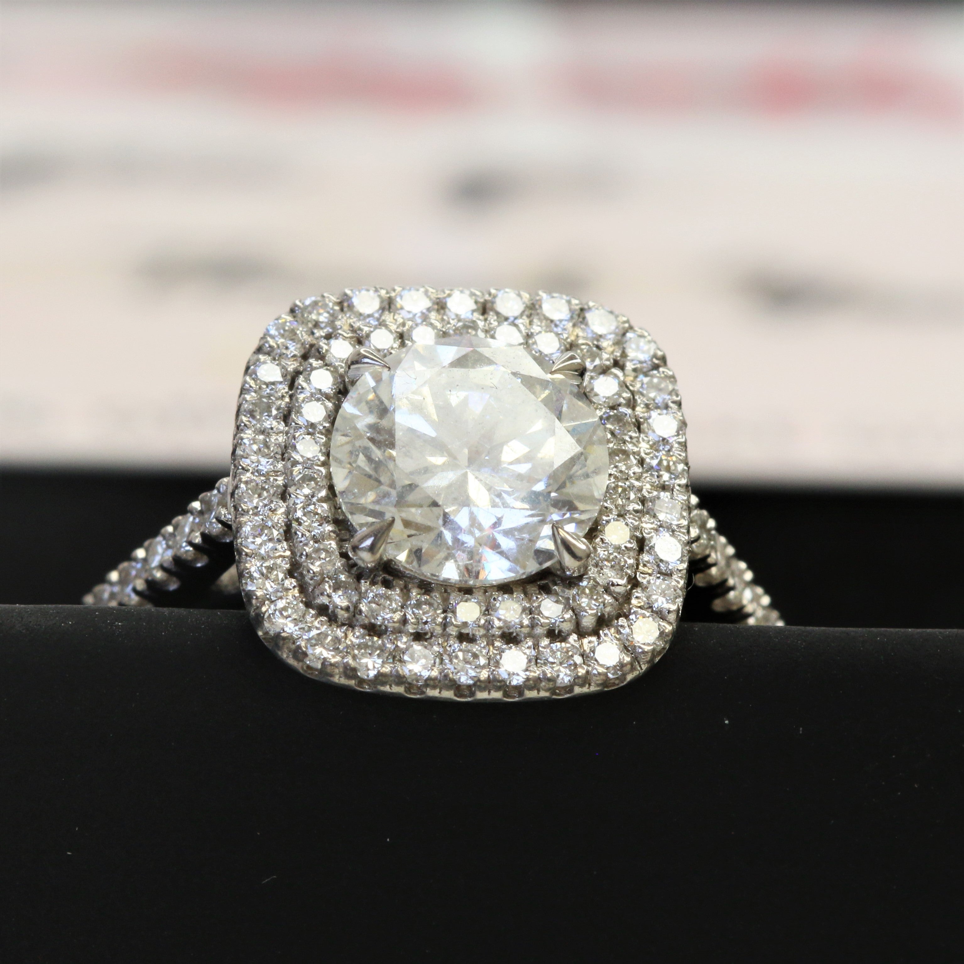 Double Halo Natural Round Cut Diamond Engagement Ring