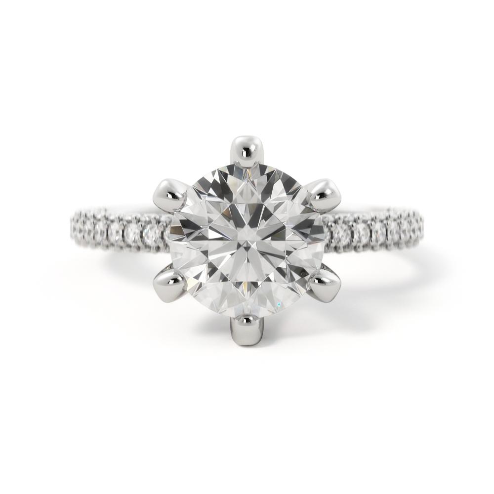 Three Sided Accent Diamonds Natural Round  Diamond Engagement Ring