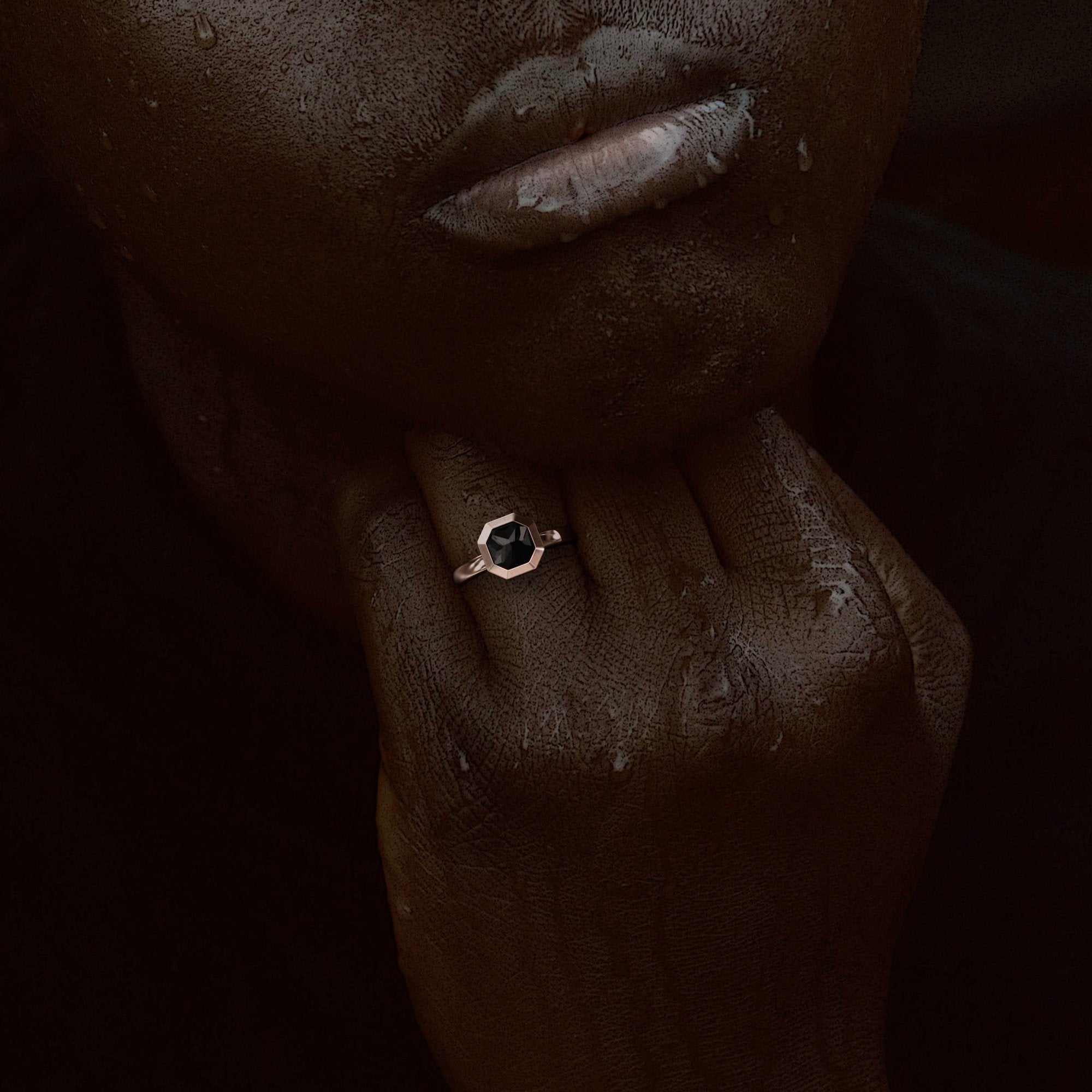 Raven's Wing - Unique  Natural Black Diamond Emerald Cut Engagement Ring In Rose Gold