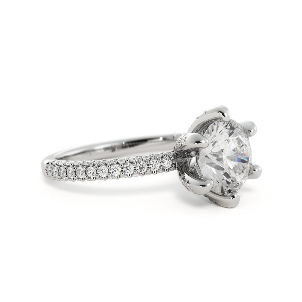 Three Sided Accent Diamonds Natural Round  Diamond Engagement Ring