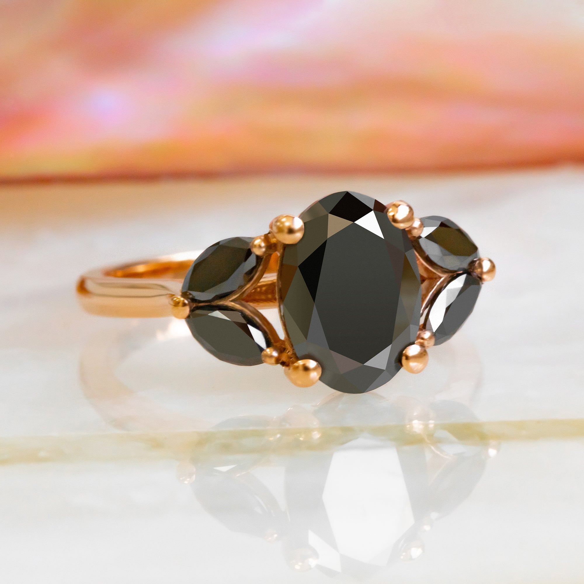 Rosette - Floral Natural Black Diamond Oval Engagement Ring