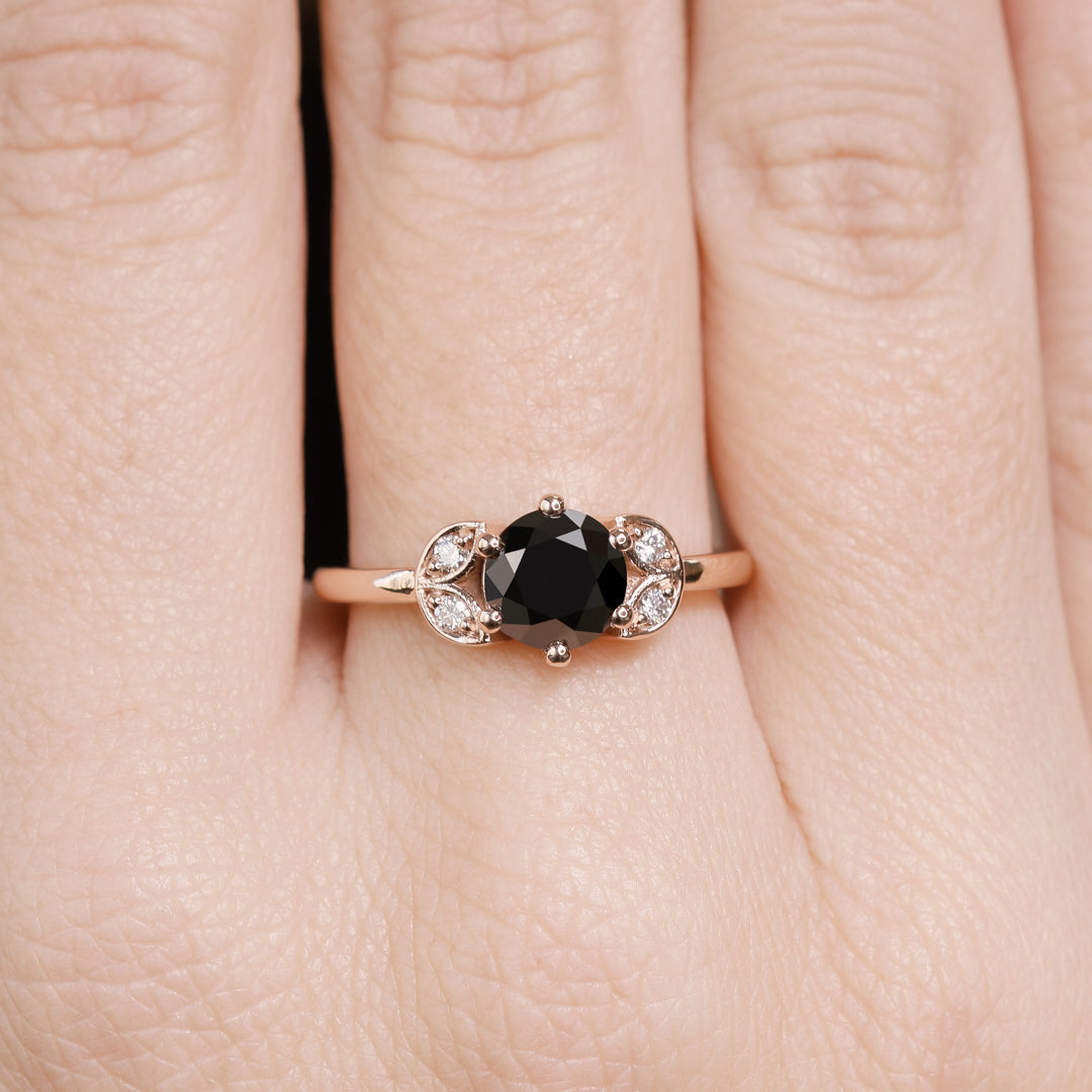 Floral  Natural Black Diamond Round Cut Engagement Ring
