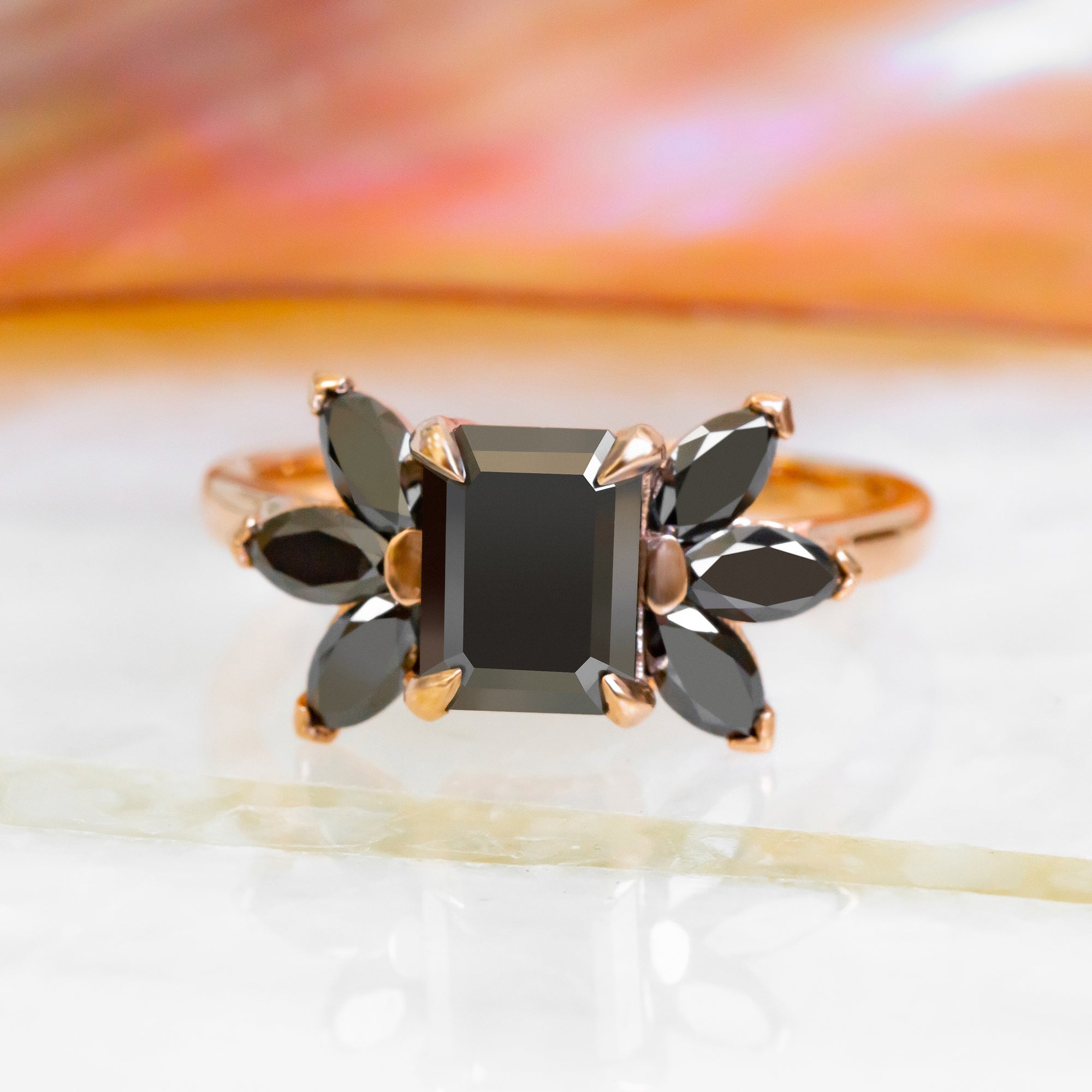 Natural Black Diamond Emerald Cut Engagement Ring