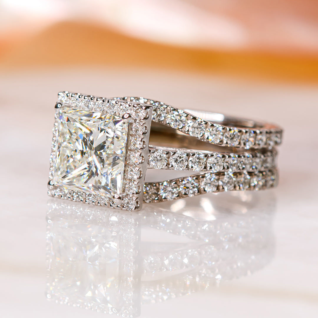 Halo with Accents Natural Princess Cut  Diamond Engagement Set
