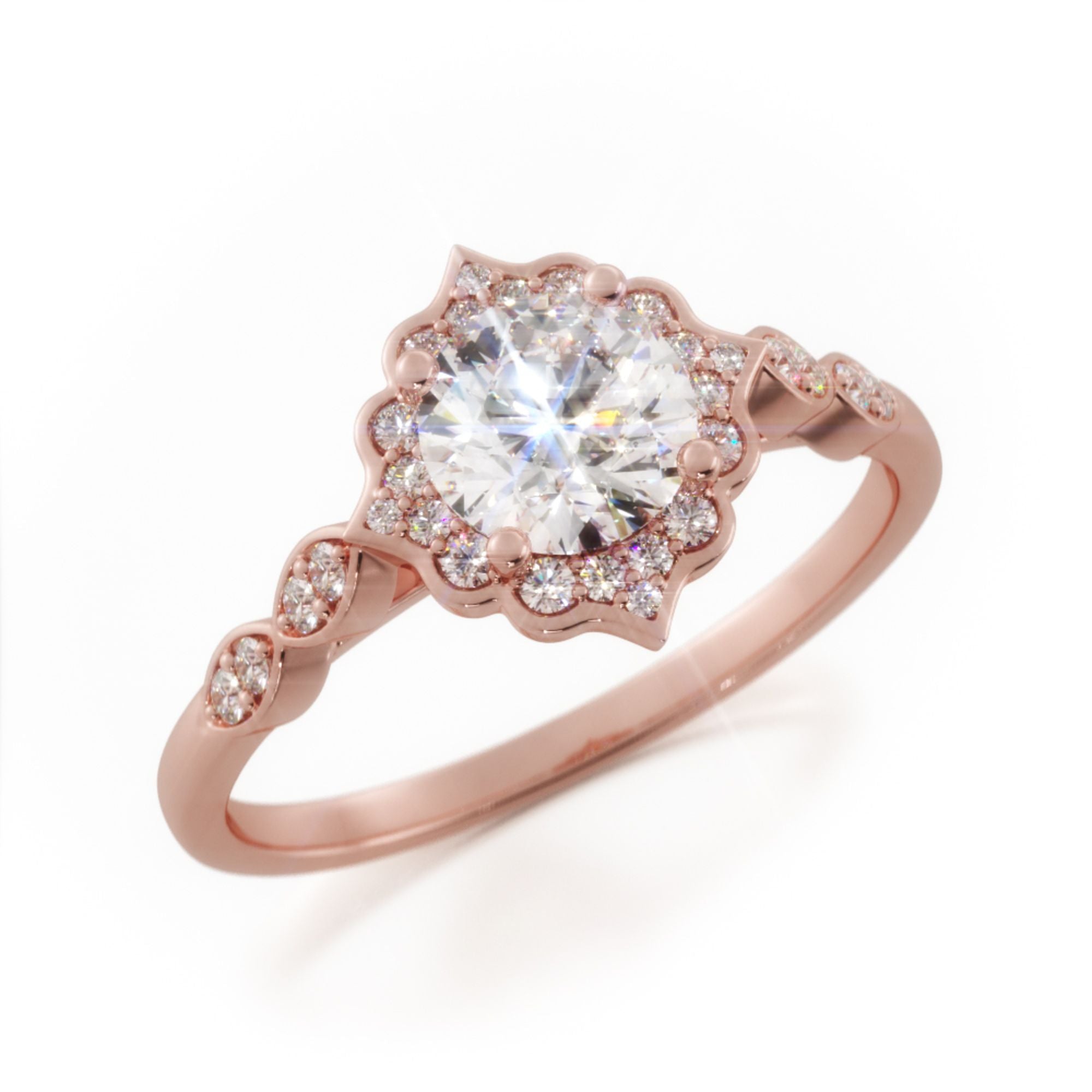 Licht - Decorative Halo Natural Round  Diamond Engagement Ring