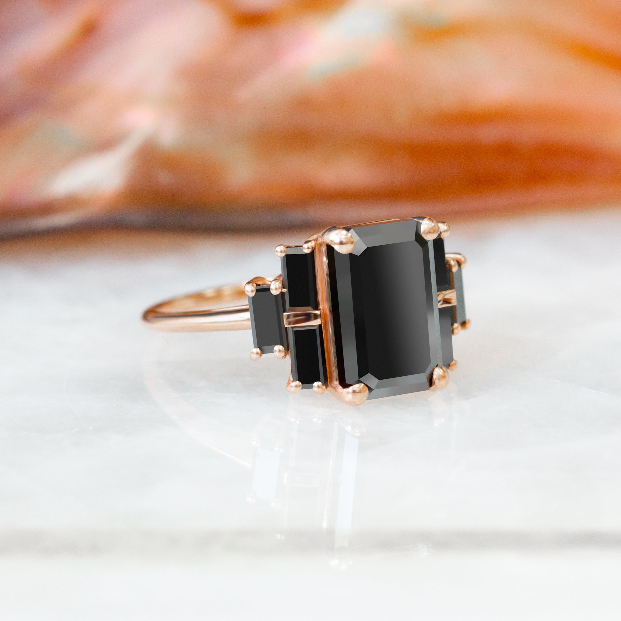 Art Deco Emerald & Baguettes Natural Black Diamond Emerald Engagement Ring