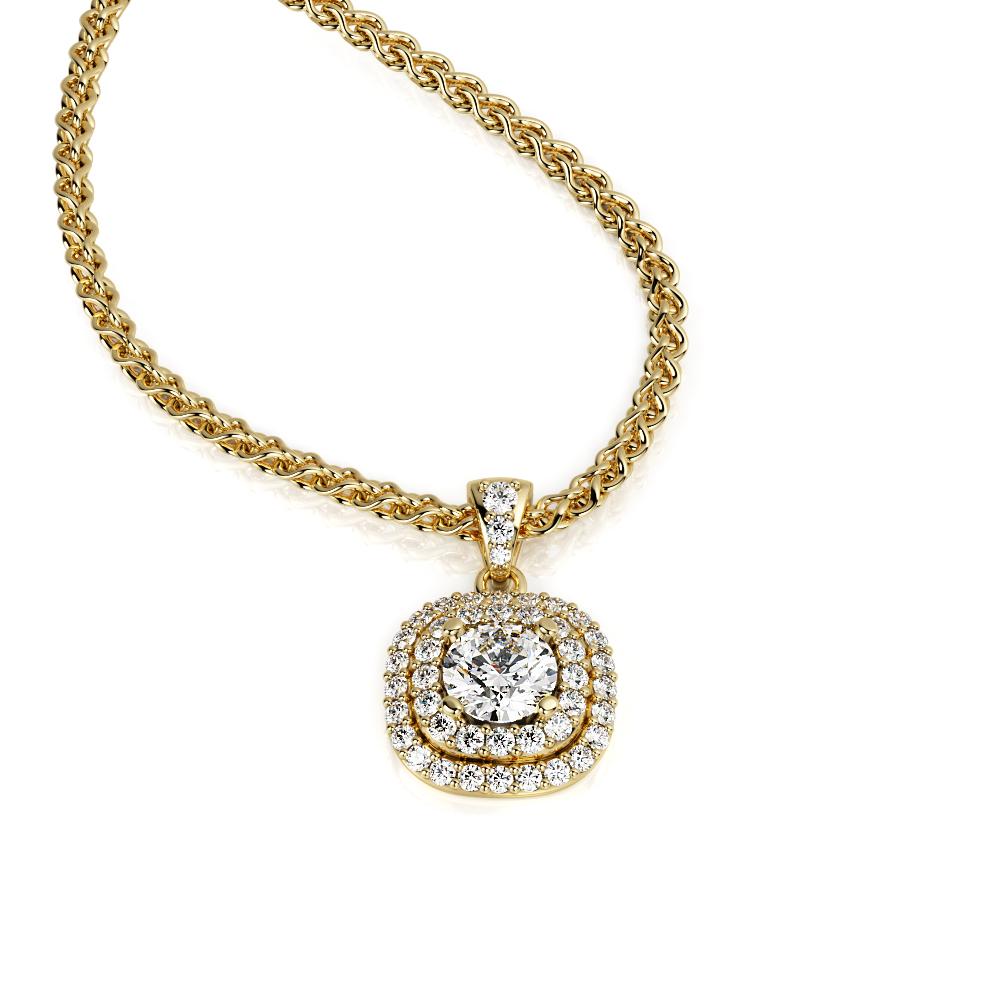 Light Tunnel - Natural Diamond Double Halo Pendant with a Yellow Gold Necklace