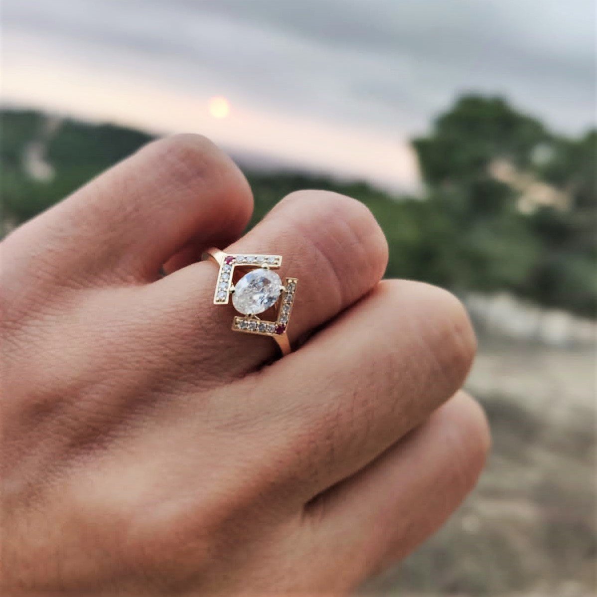 Multi Stone Natural Oval  Diamond Engagement Ring