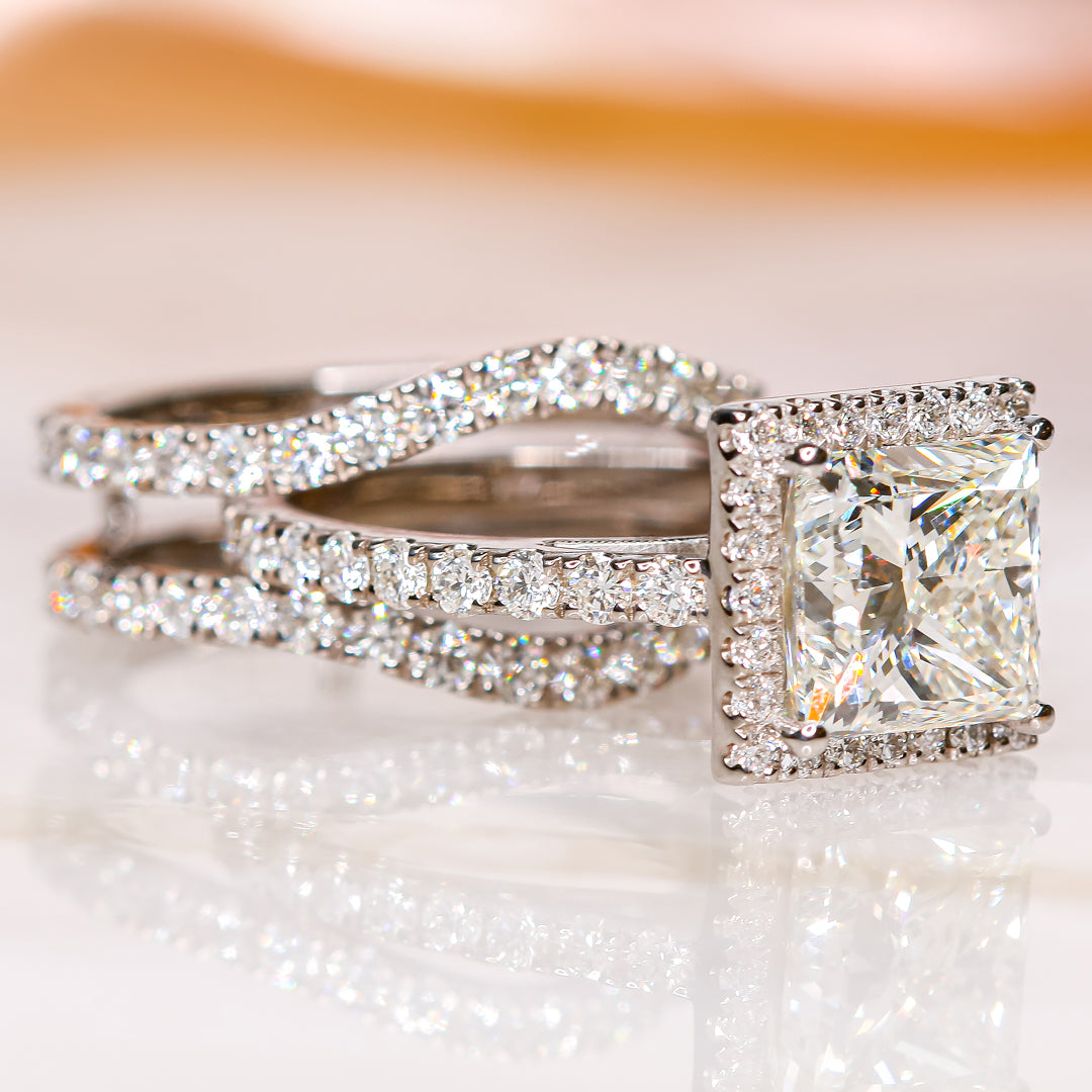 Halo with Accents Natural Princess Cut  Diamond Engagement Set