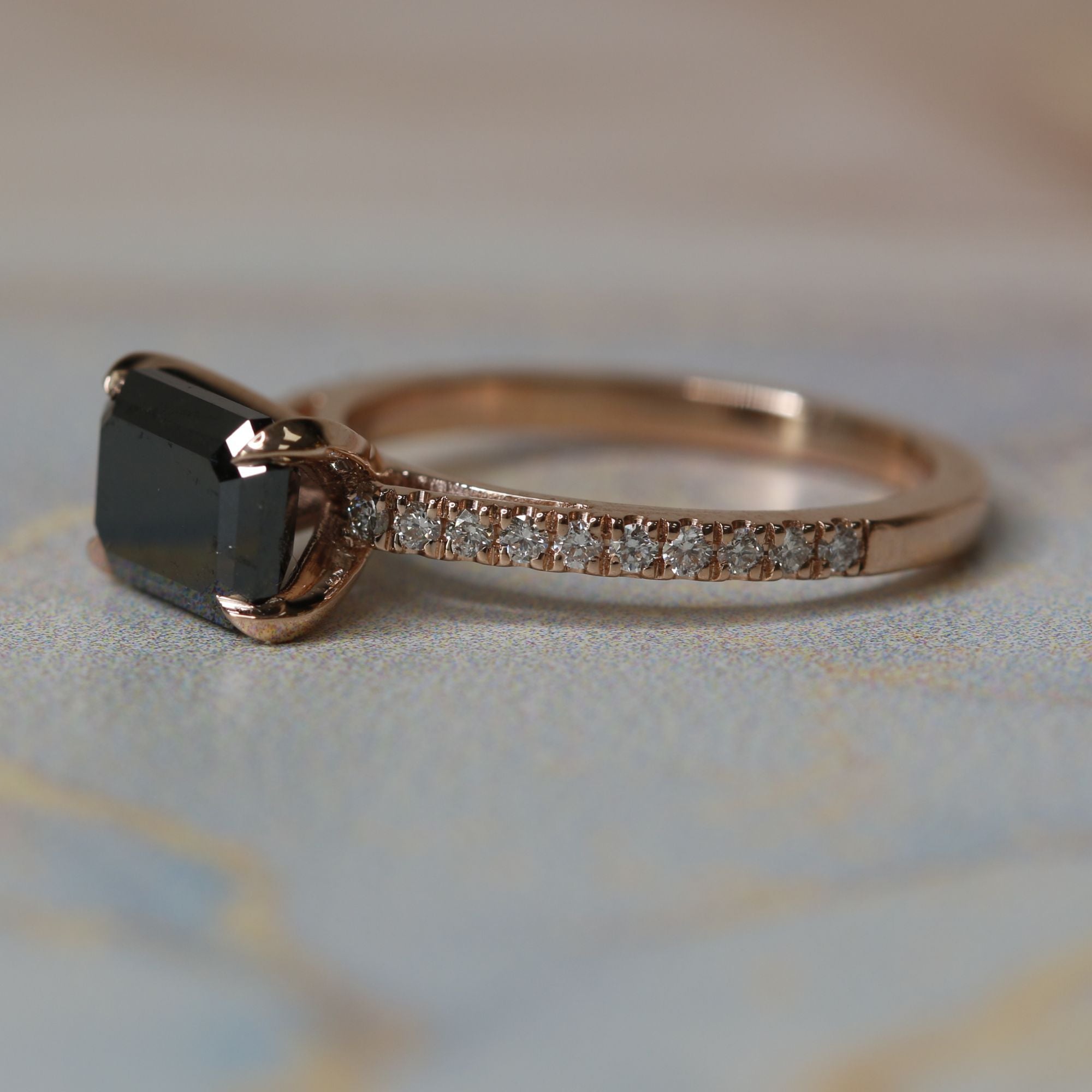 Unique  Natural Black Diamond Emerald Engagement Ring