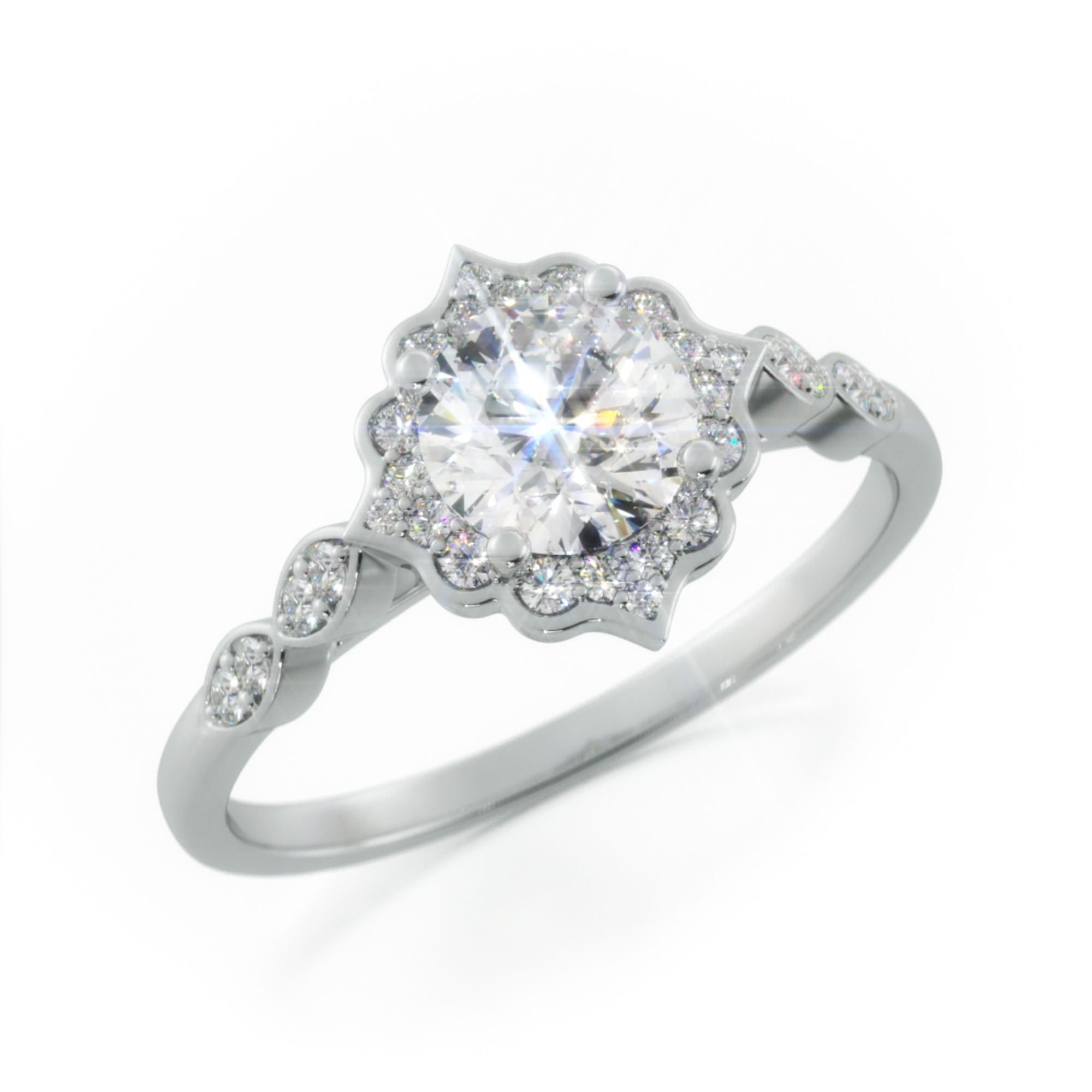 Decorative Halo Natural Round  Diamond Engagement Ring