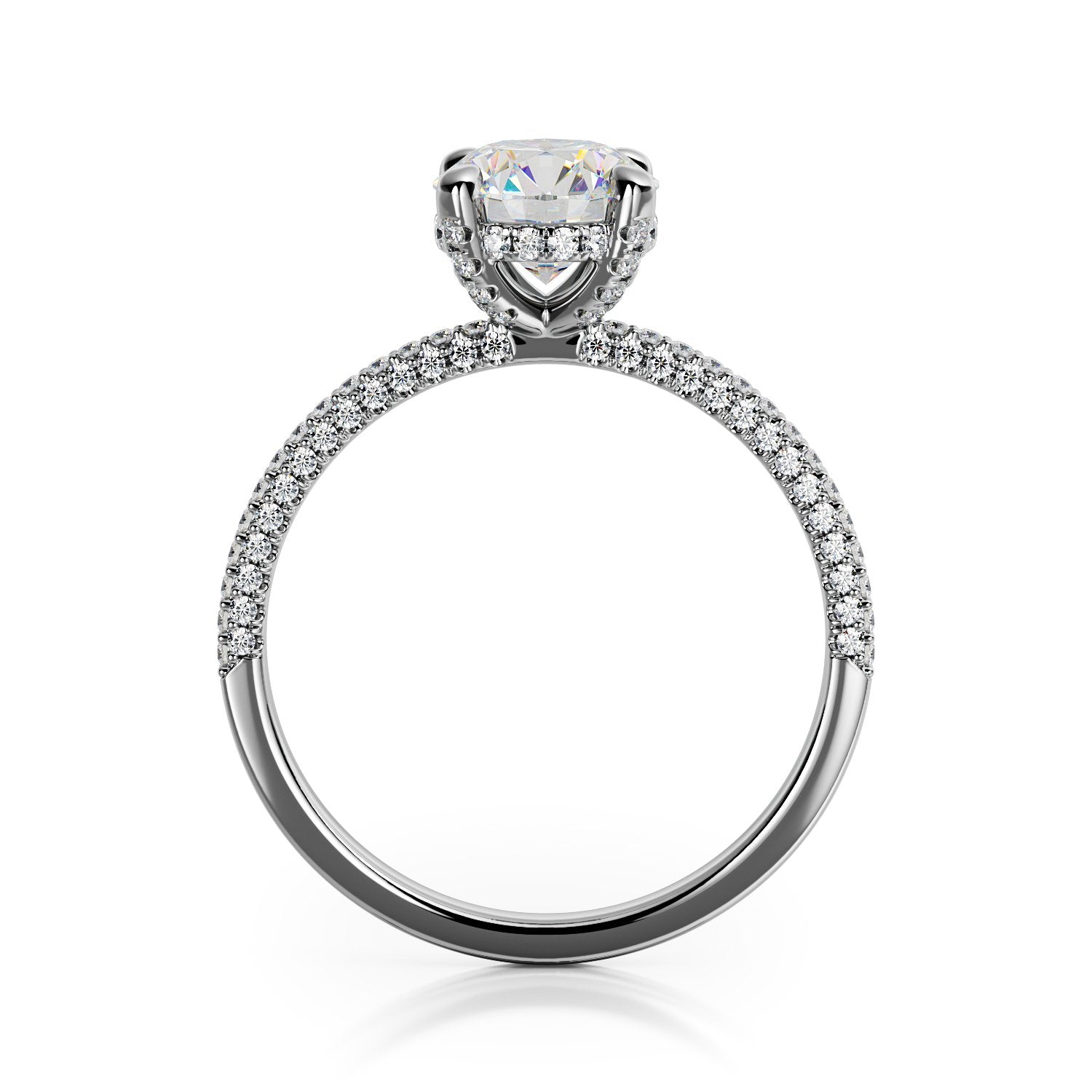 3-Row Band Hidden Halo Natural Round Cut Diamond Engagement Ring