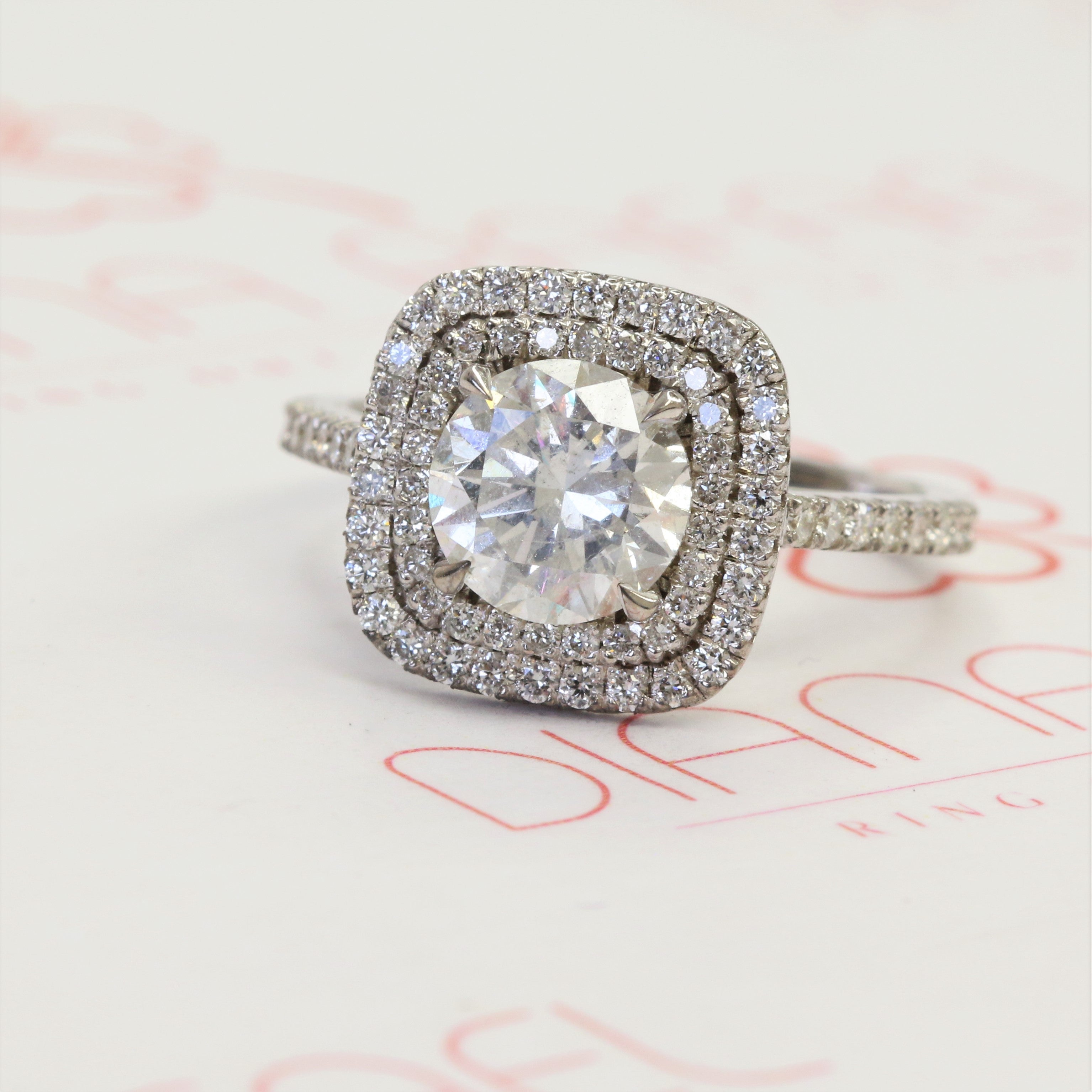 Double Halo Natural Round Cut Diamond Engagement Ring