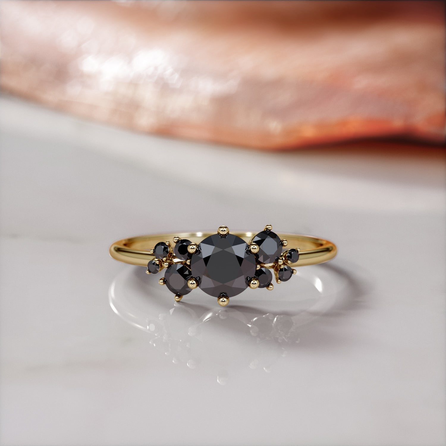 Cluster Natural Black Diamond Round Engagement Ring