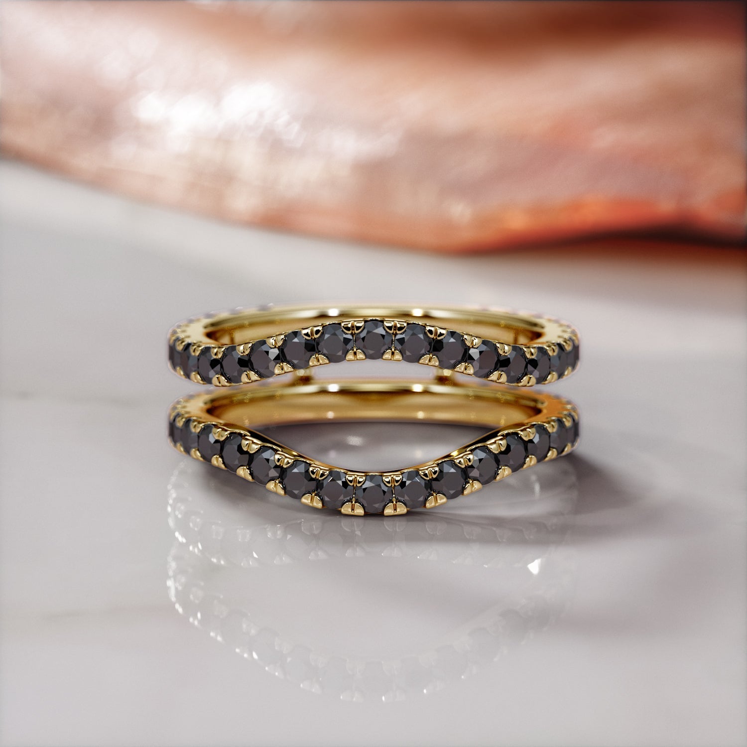 Double Band Wedding Ring with Round Cut Natural Black Diamonds