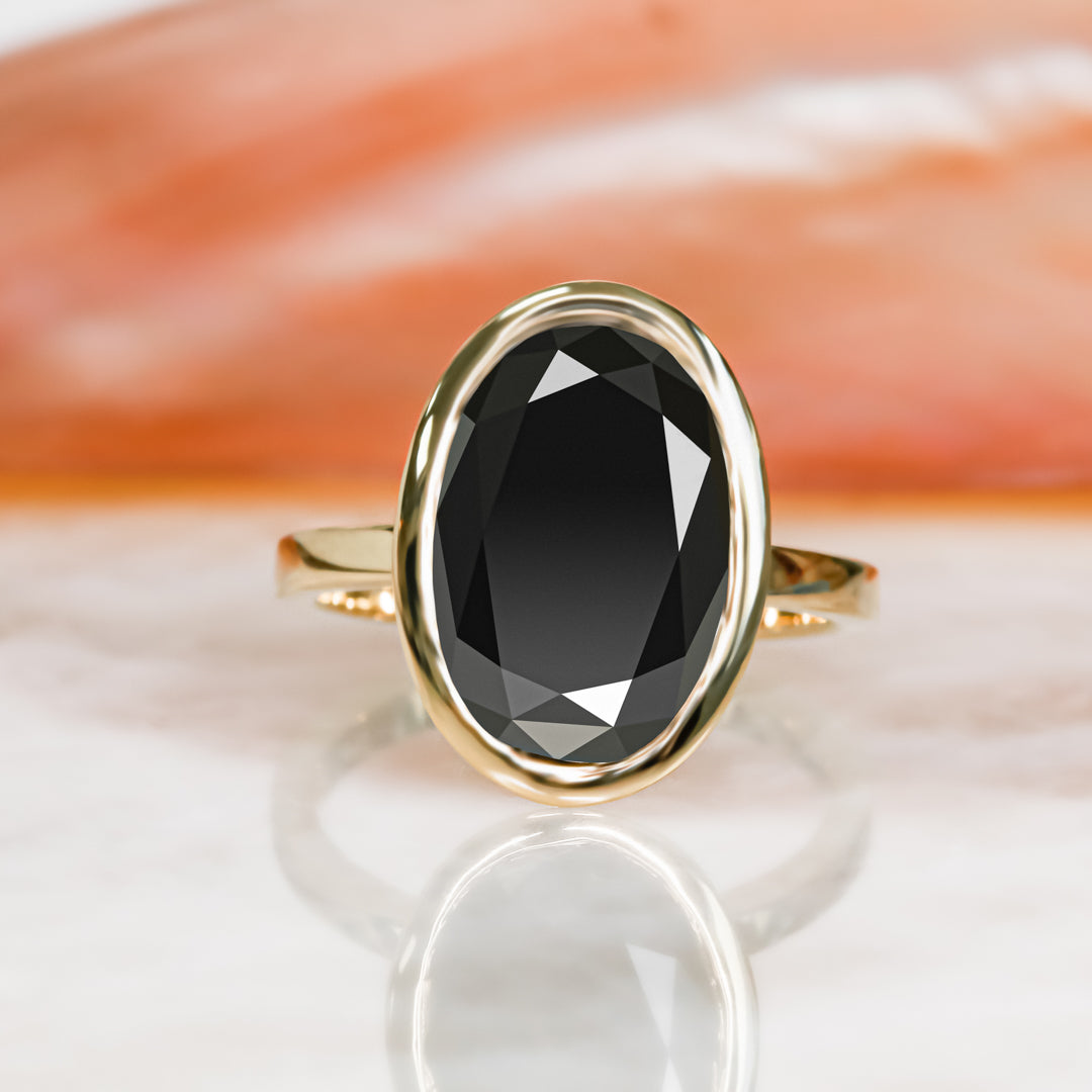 Bezel  Natural Black Diamond Oval Engagement Ring