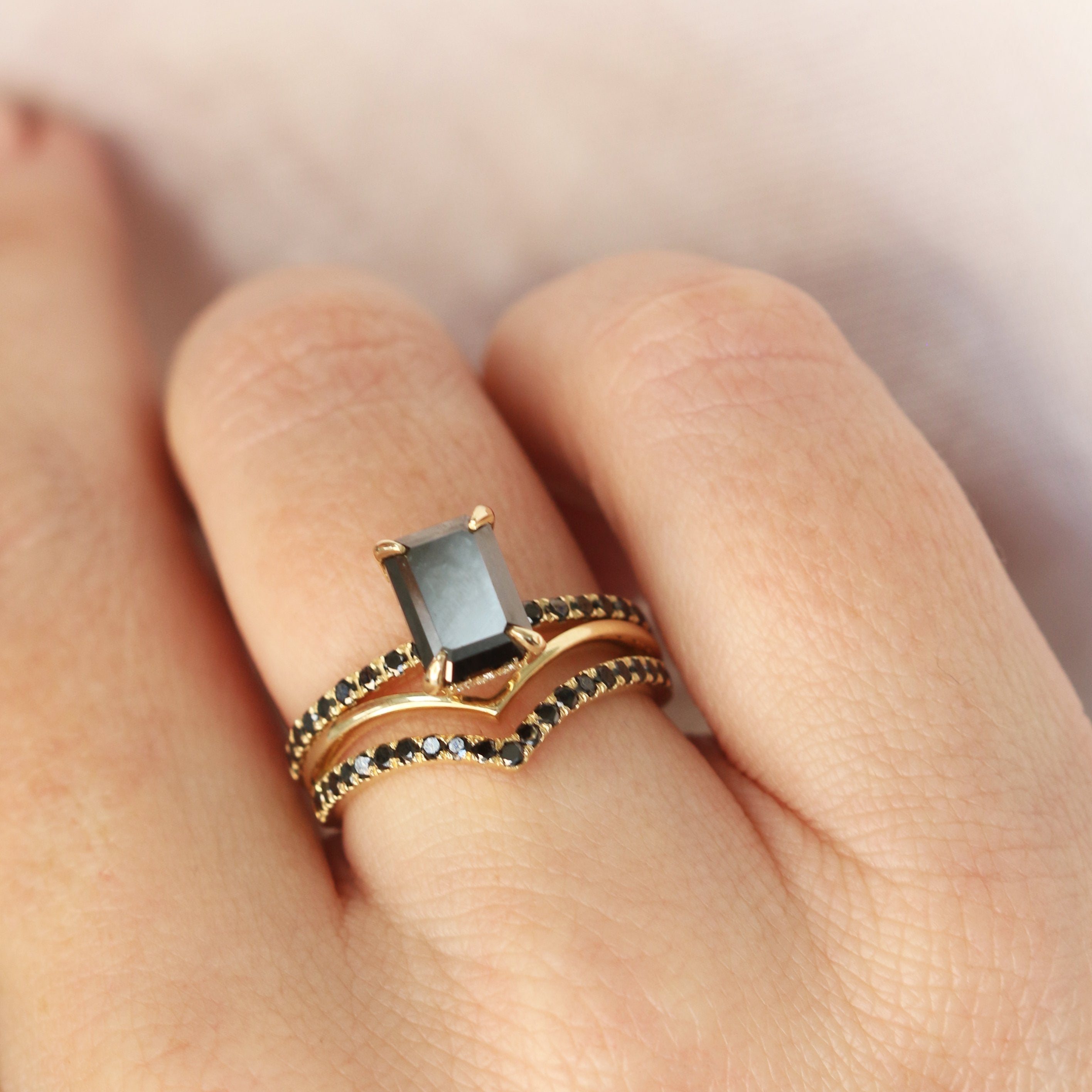 Unique Wedding Ring with  Cut Natural Black Diamonds