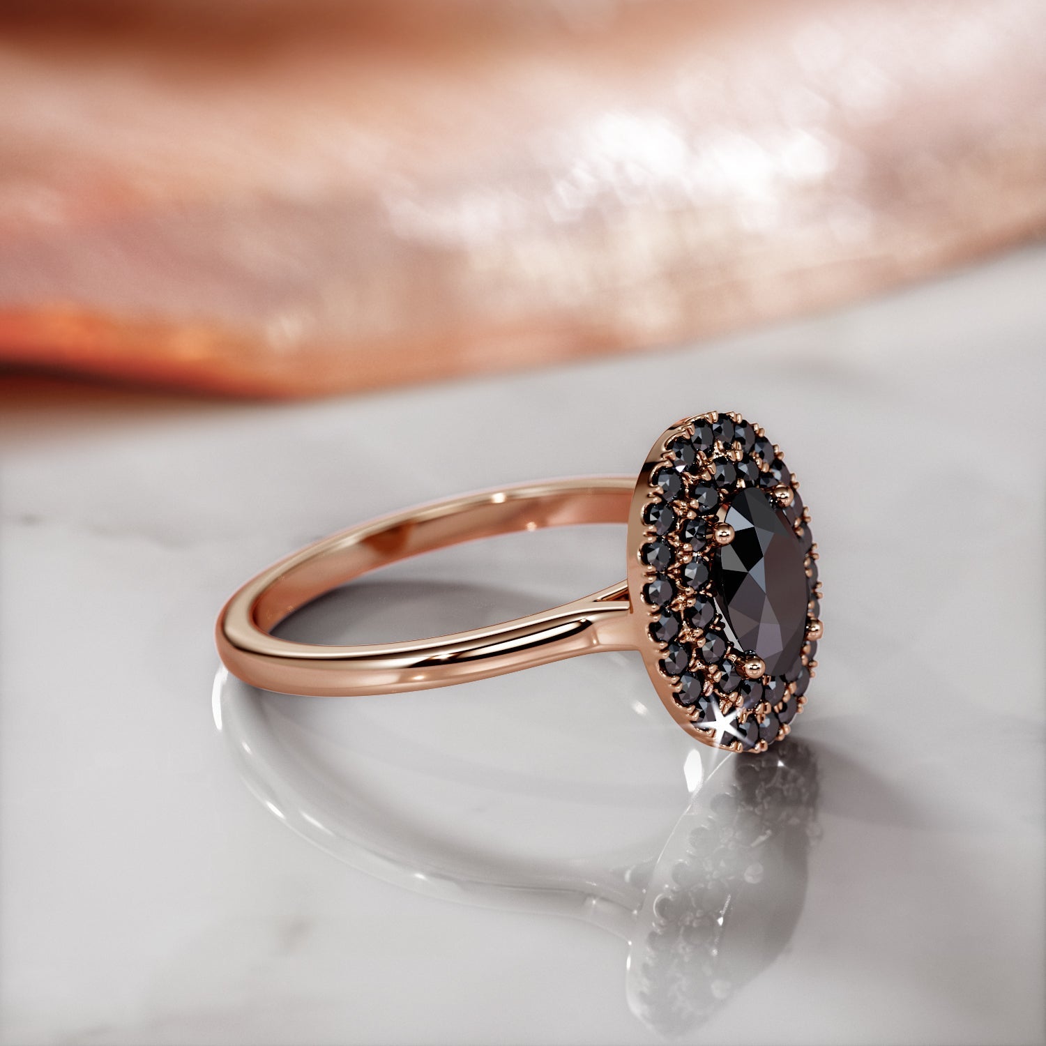 Double Halo Natural Black Diamond Oval Engagement Ring