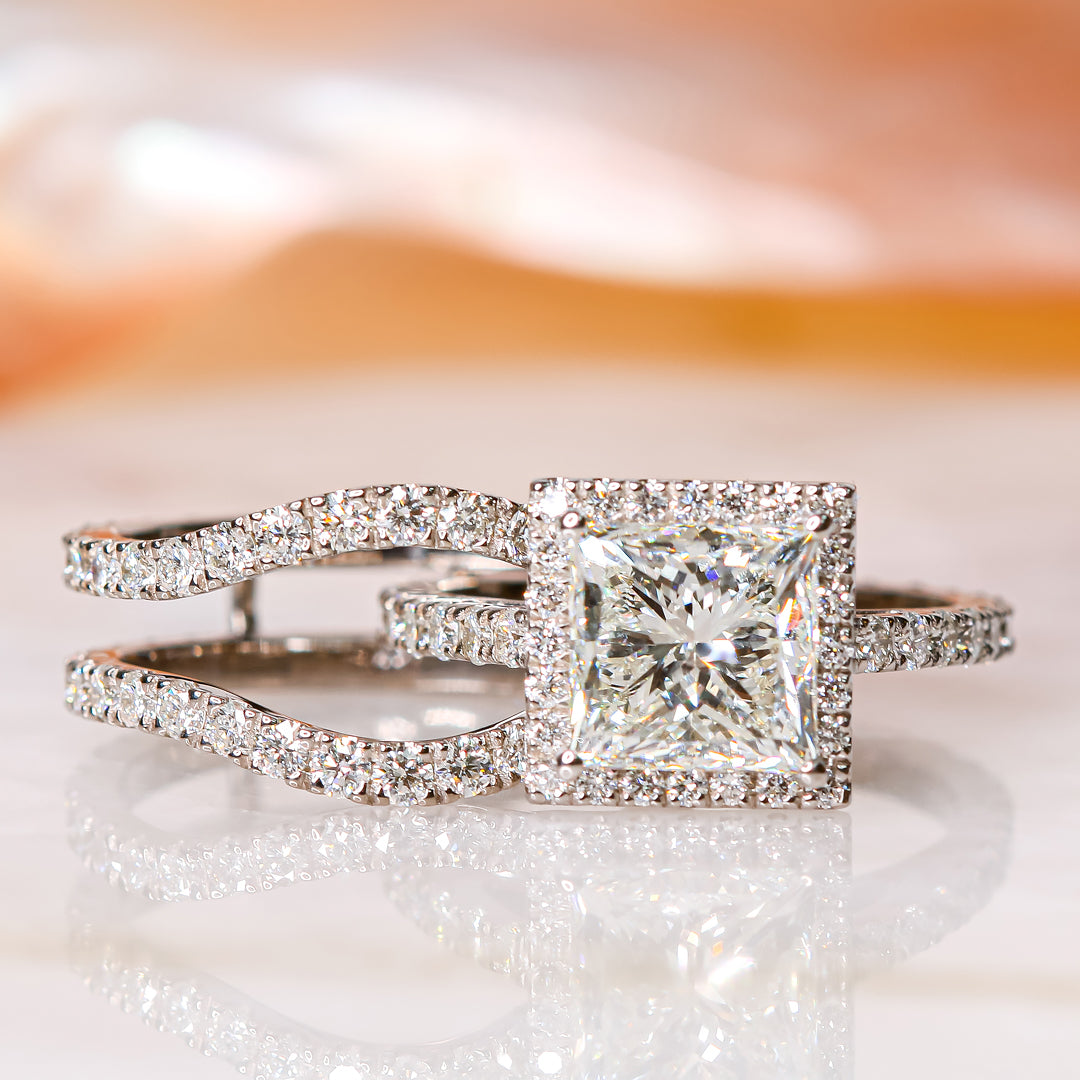 Halo with Accents Natural Princess Cut  Diamond Engagement Set