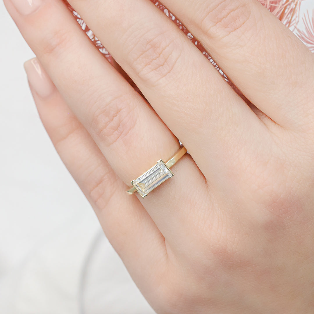 Semi Bezel Natural East-West Baguette Cut  Diamond Engagement Ring