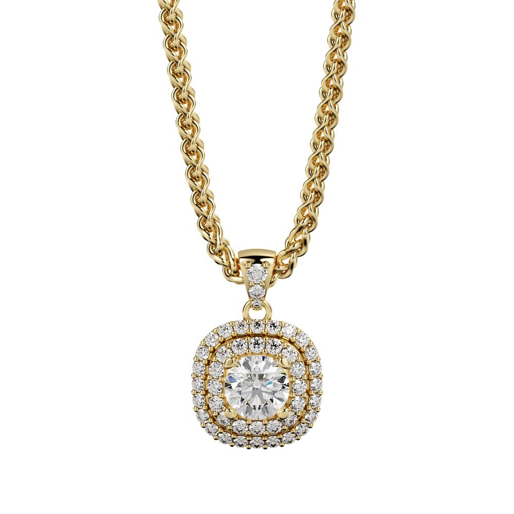 Light Tunnel - Natural Diamond Double Halo Pendant with a Yellow Gold Necklace