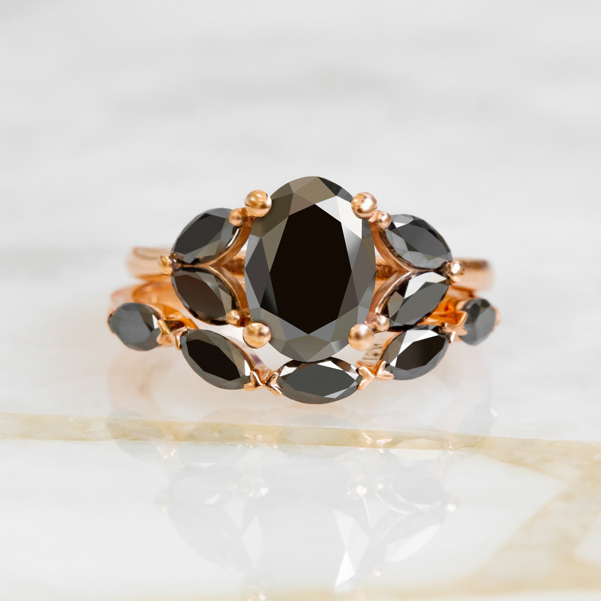 Rosette - Floral Natural Black Diamond Oval Engagement Ring