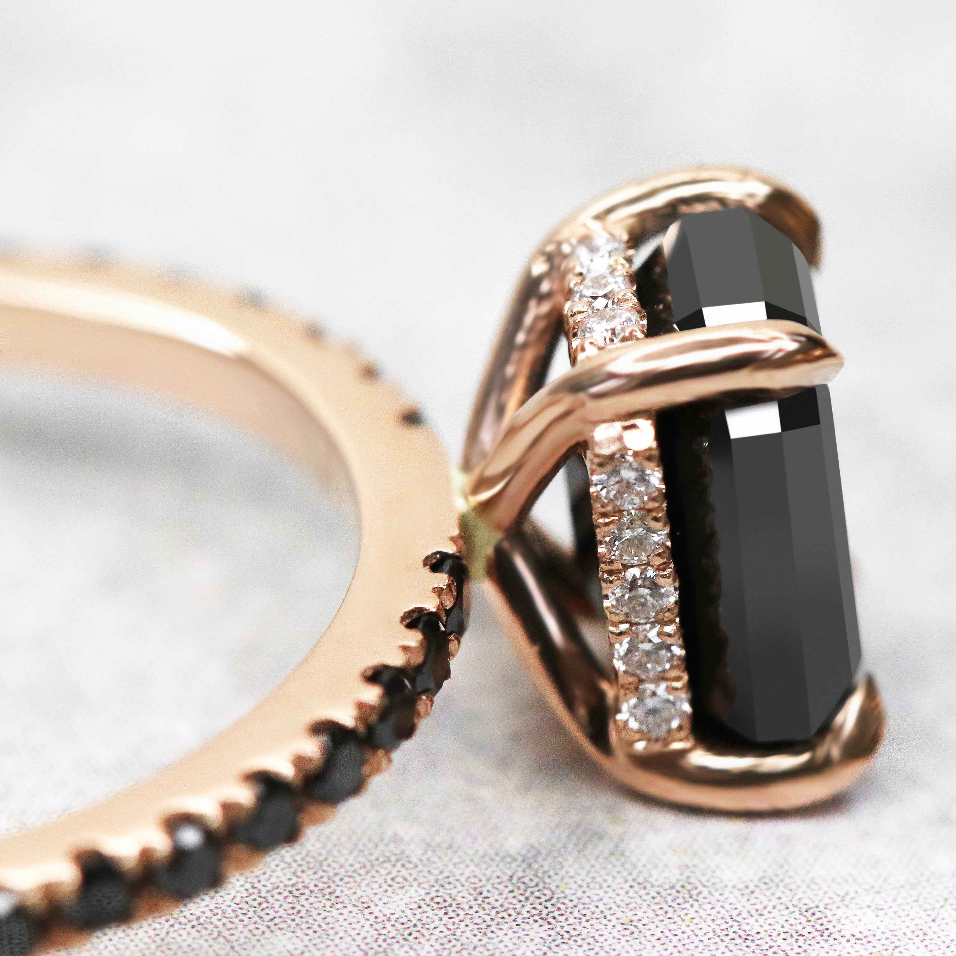 Unique  Natural Black Diamond Emerald Cut Engagement Ring