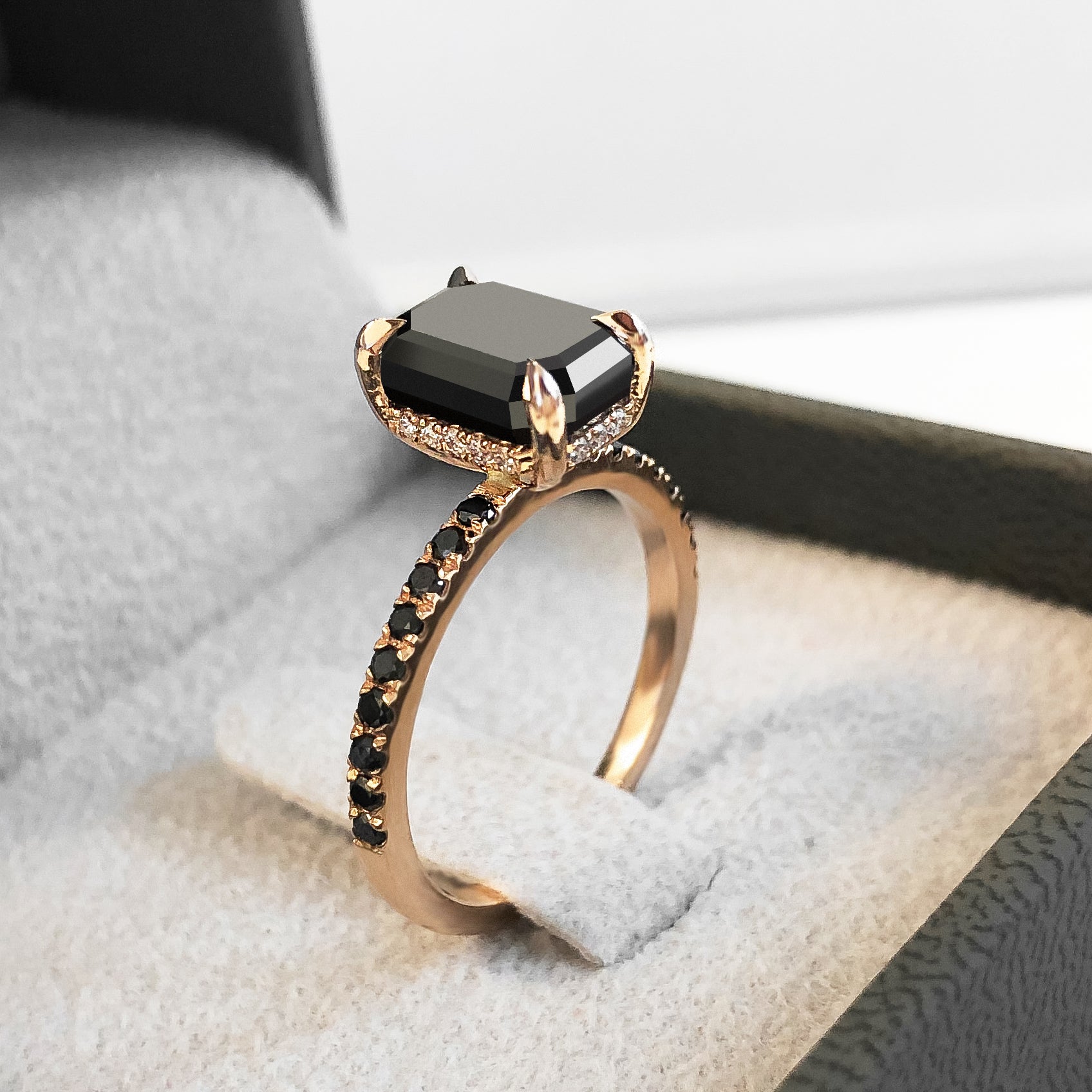 Unique  Natural Black Diamond Emerald Cut Engagement Ring