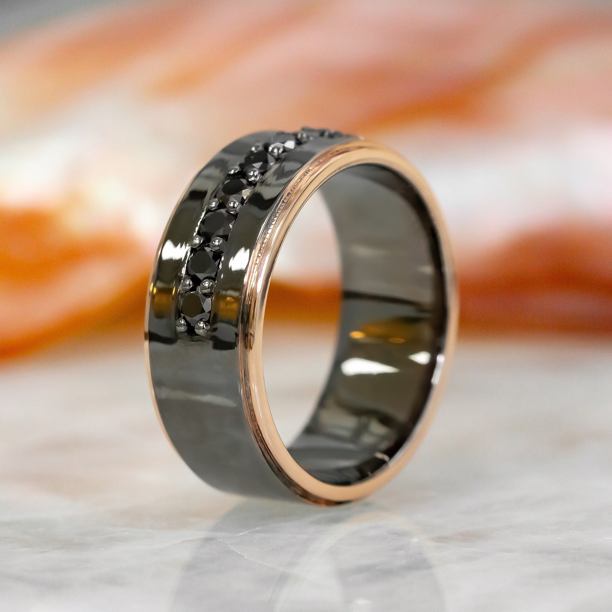 Channel Wedding Ring with Round Cut Natural Black Diamonds