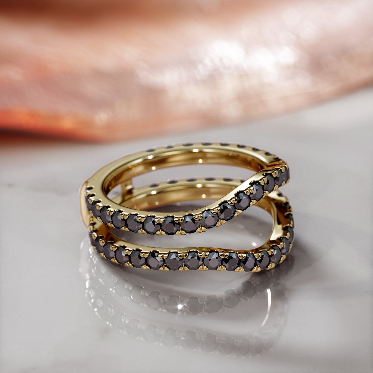 Double Band Wedding Ring with Round Cut Natural Black Diamonds
