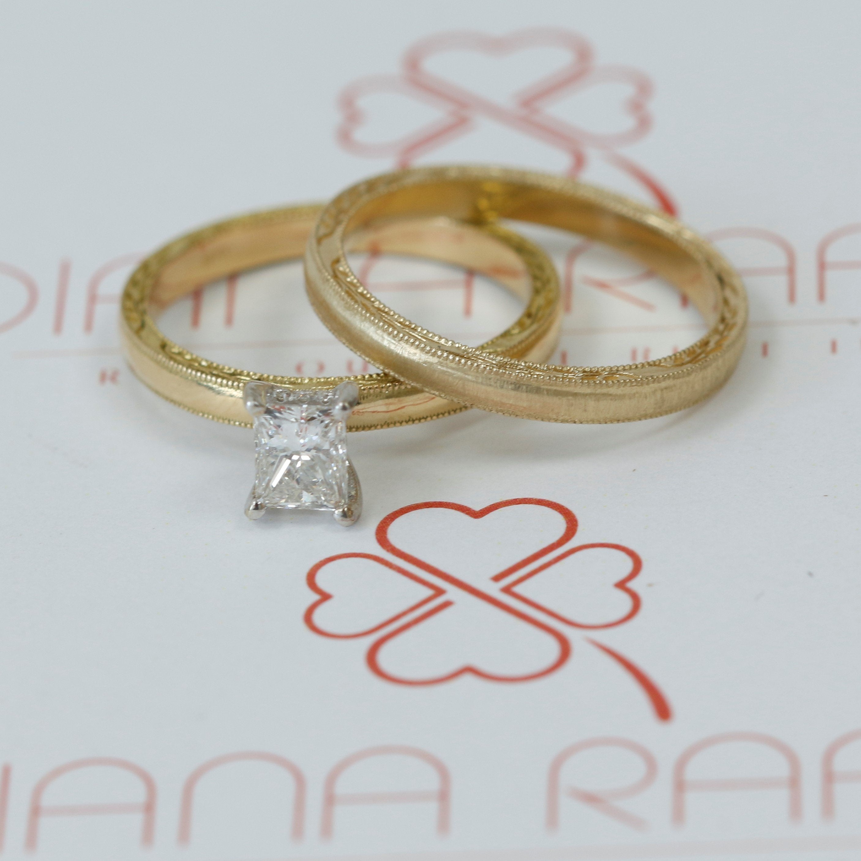 Art-Deco Natural Princess Cut Diamond Engagement Set