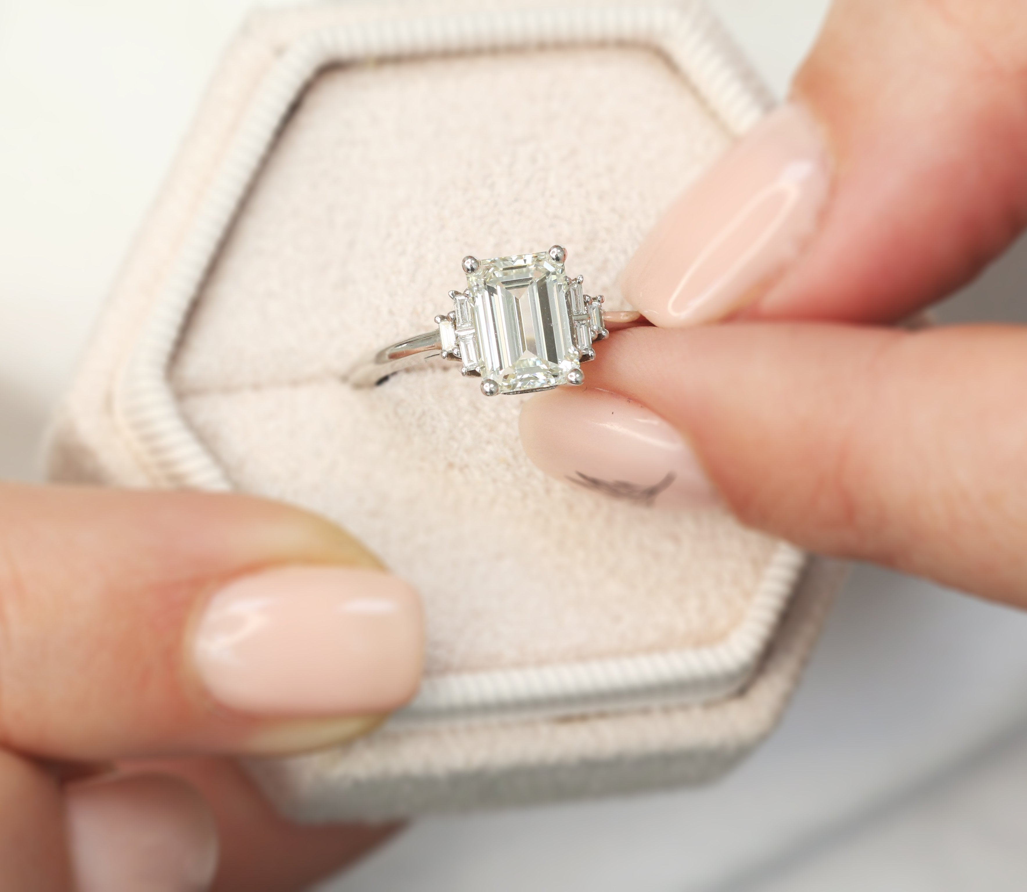 4 Prongs Natural Emerald  Diamond Engagement Ring