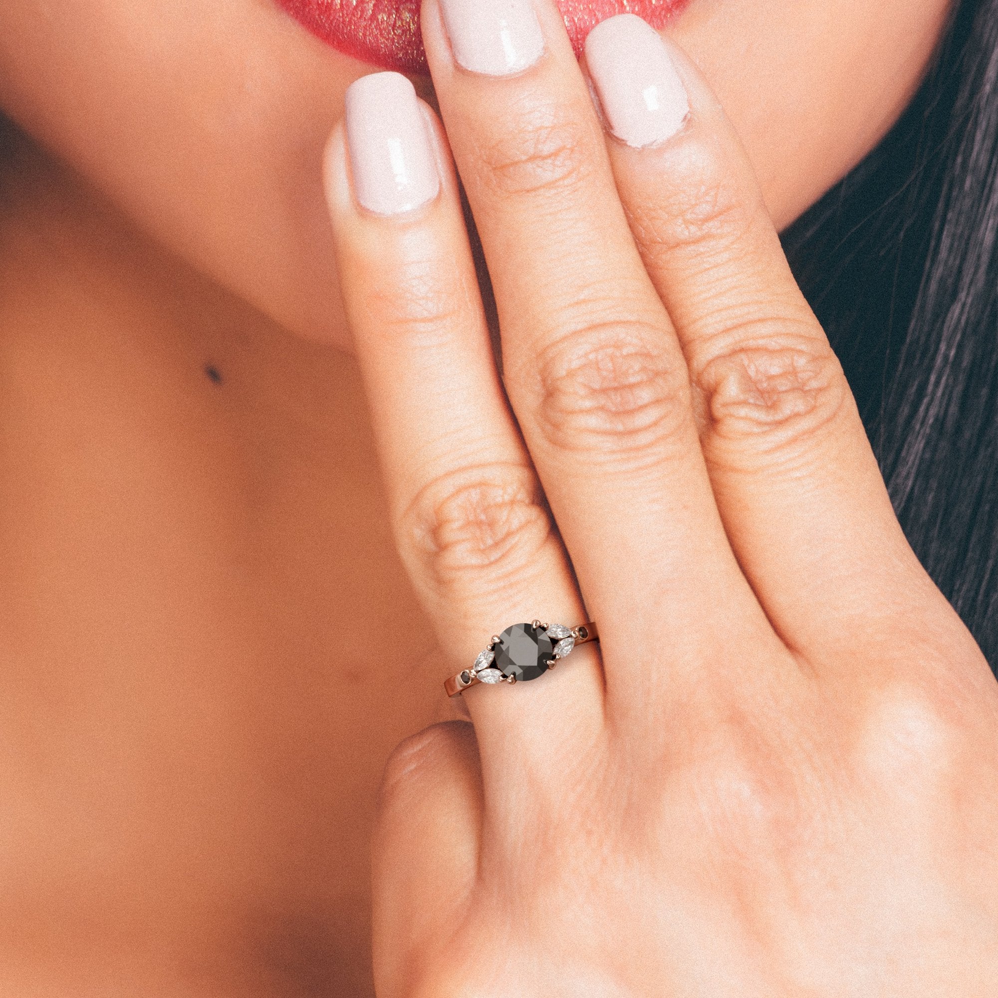 Floral  Natural Black & White Marquise Diamond Ring