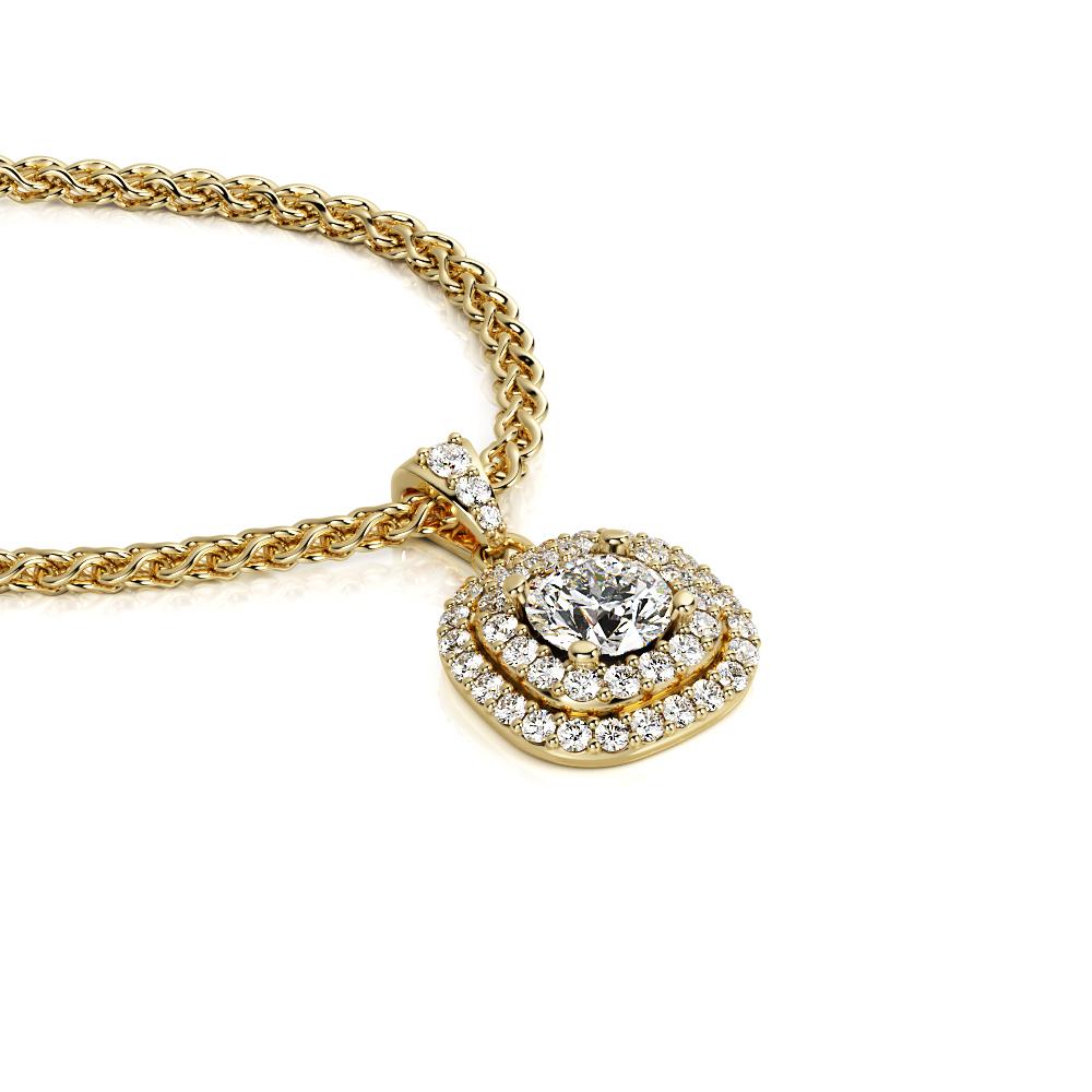 Light Tunnel - Natural Diamond Double Halo Pendant with a Yellow Gold Necklace