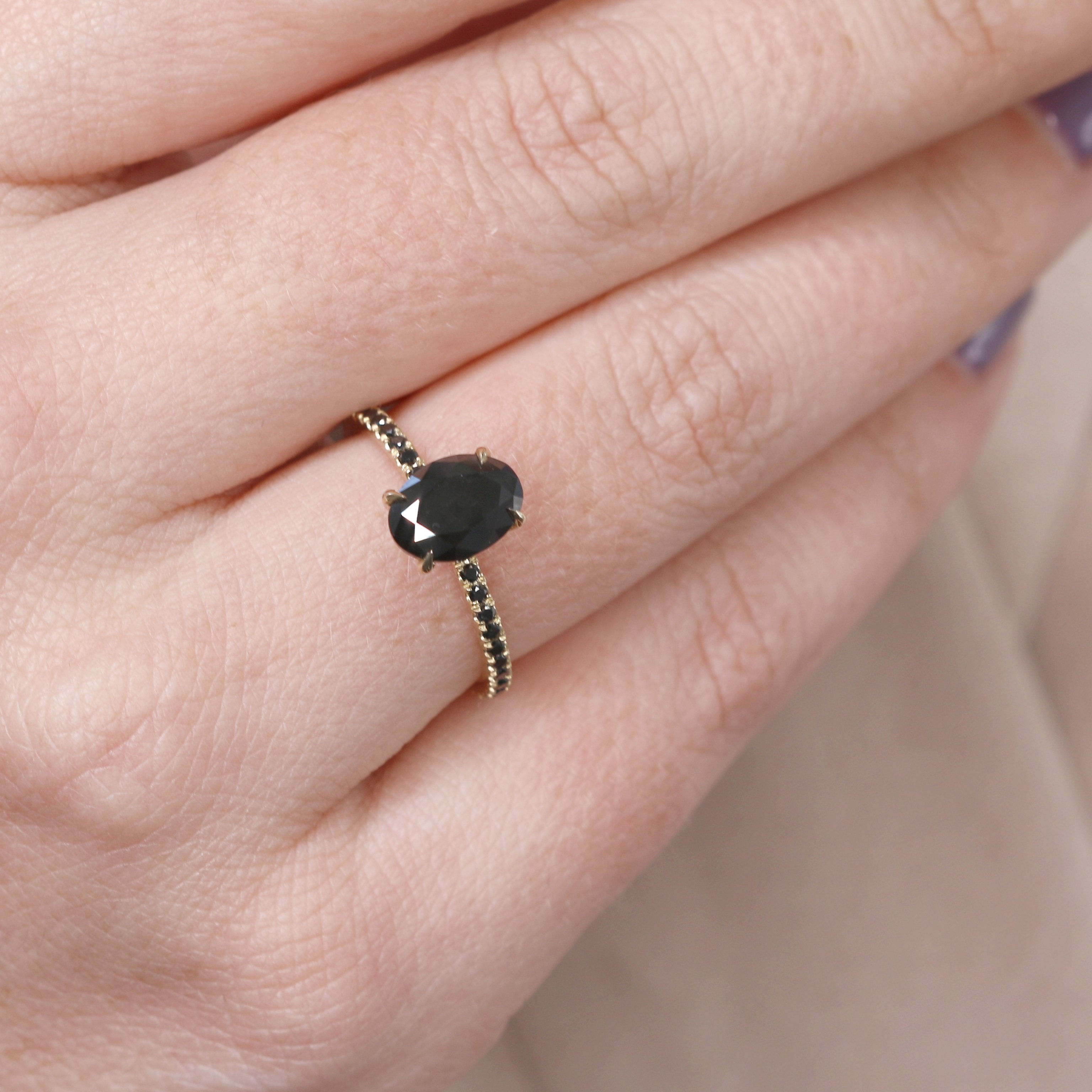 Unique Natural Black Diamond Oval Engagement Ring