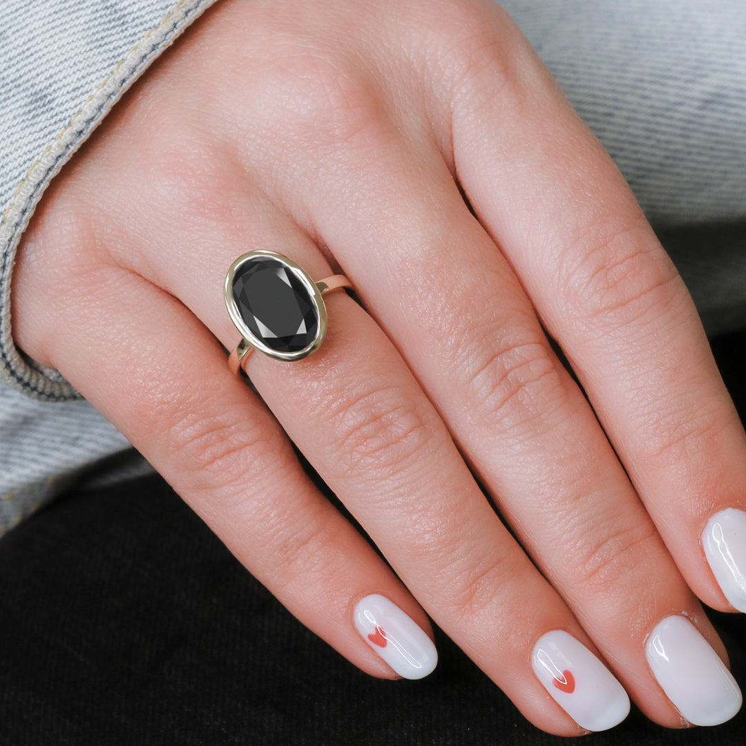 Bezel  Natural Black Diamond Oval Engagement Ring