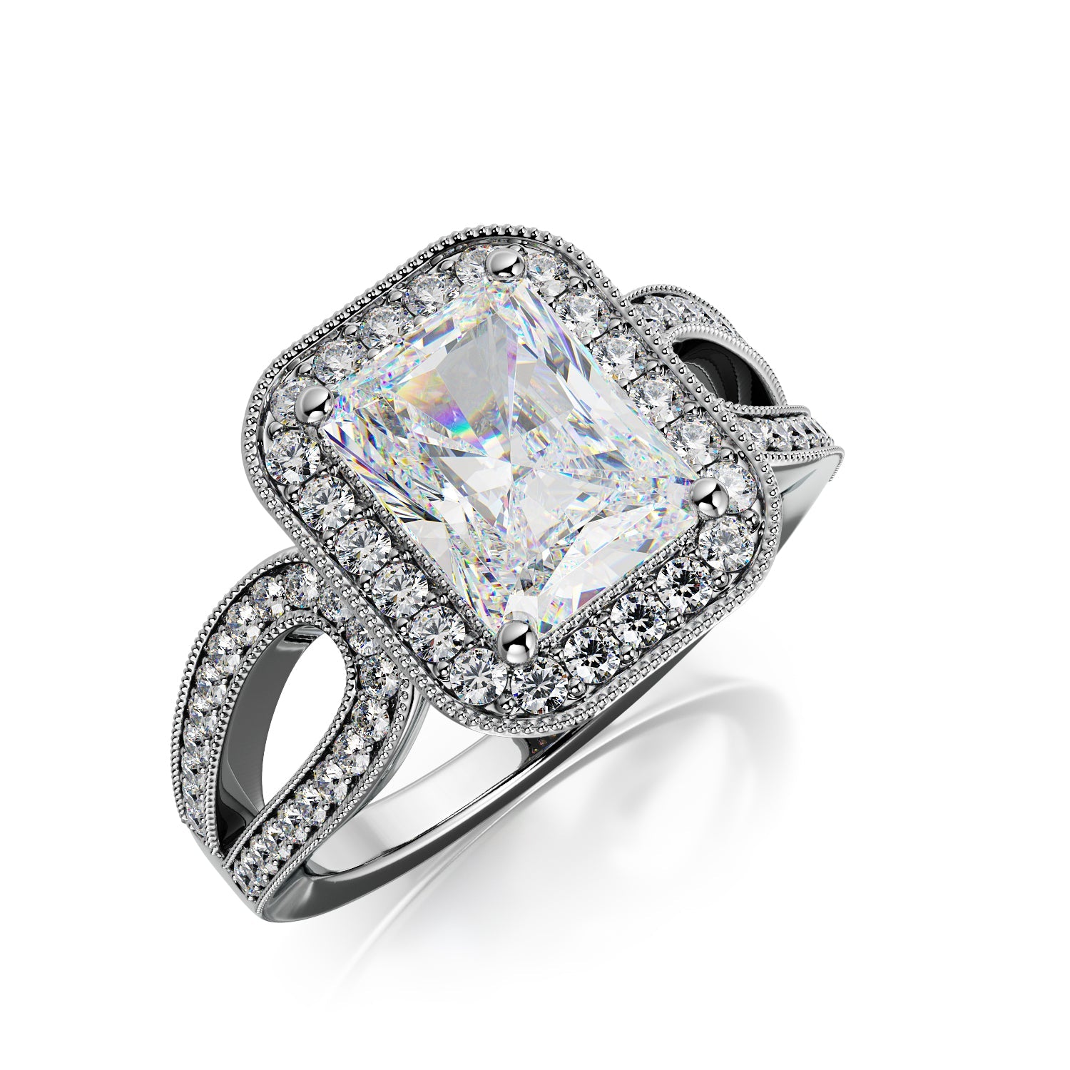 Art Deco Split Shank Natural Radiant  Diamond Engagement Ring