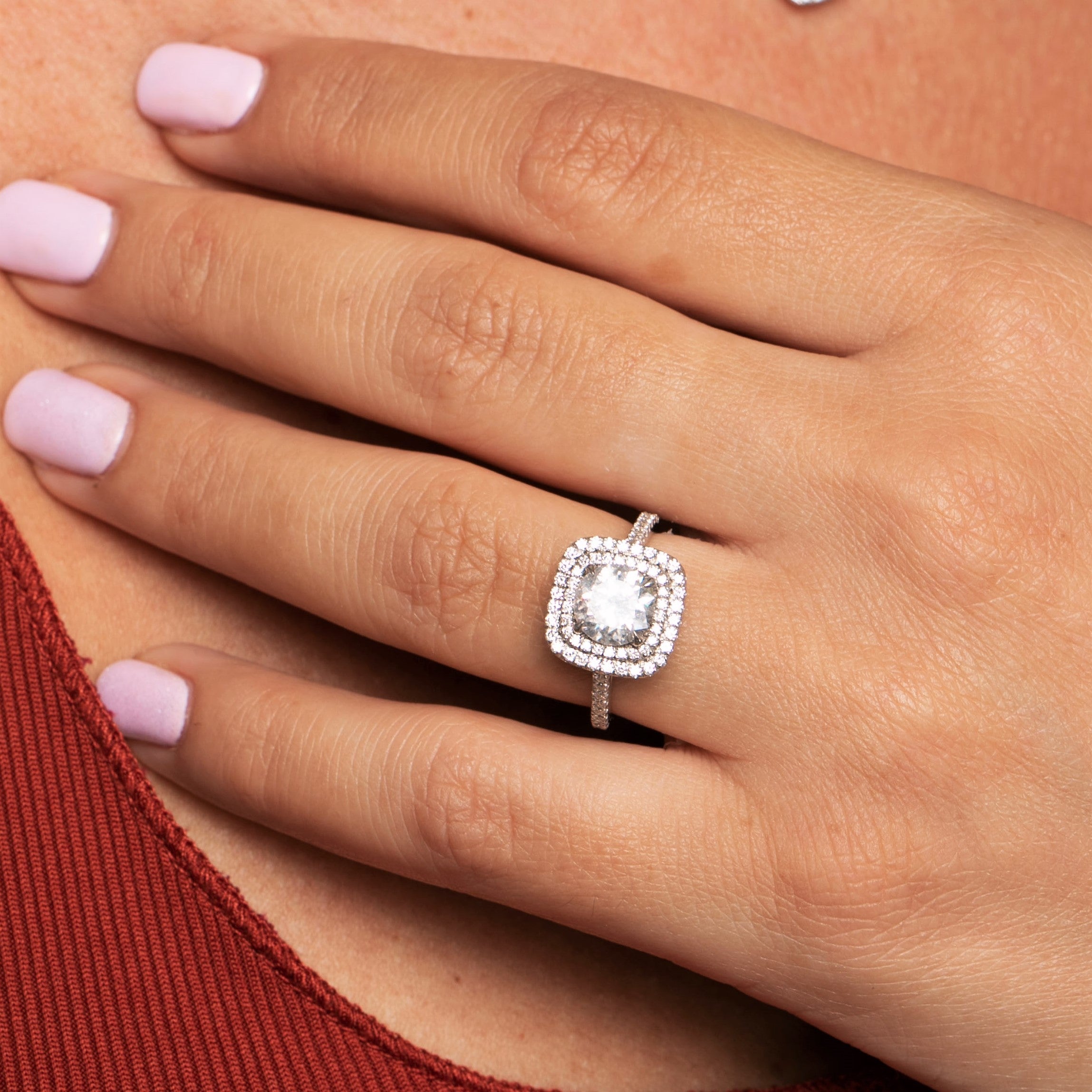 Double Halo Natural Round Cut Diamond Engagement Ring