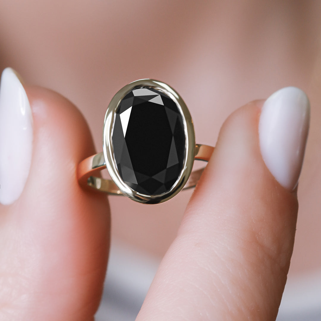 Bezel  Natural Black Diamond Oval Engagement Ring