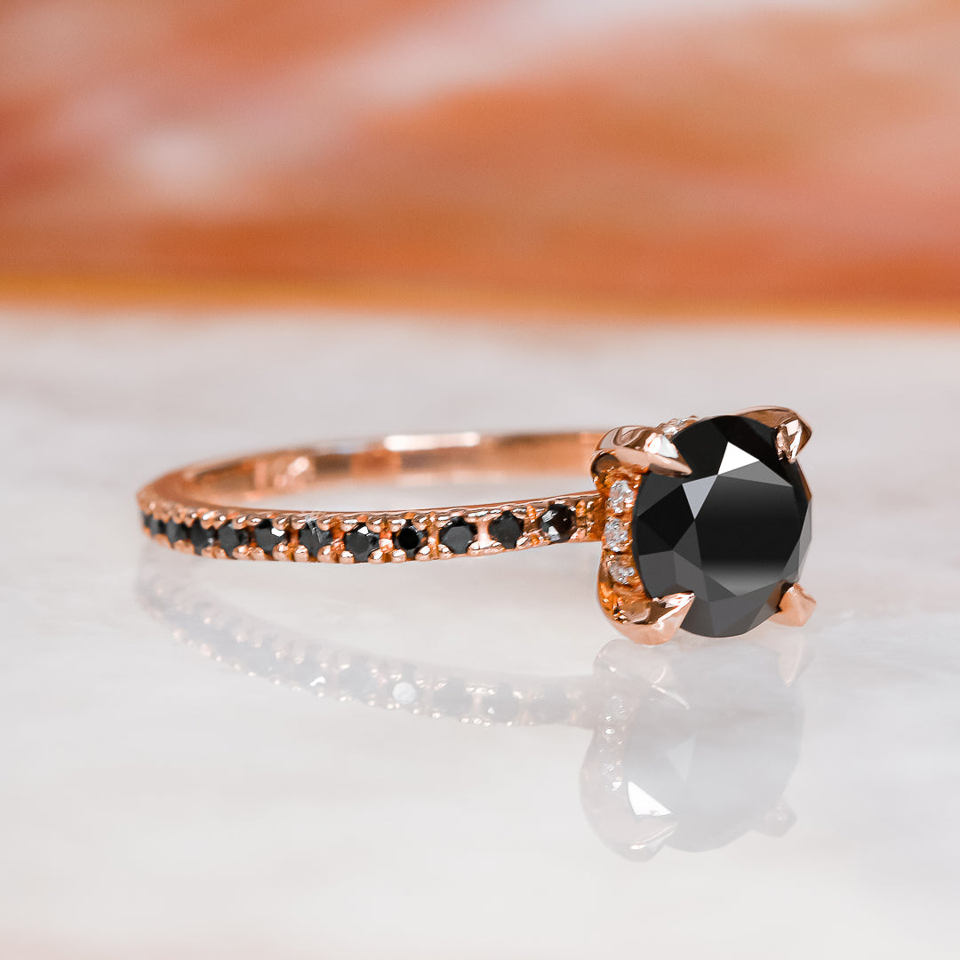 Unique Natural Black Diamond Round Engagement Ring