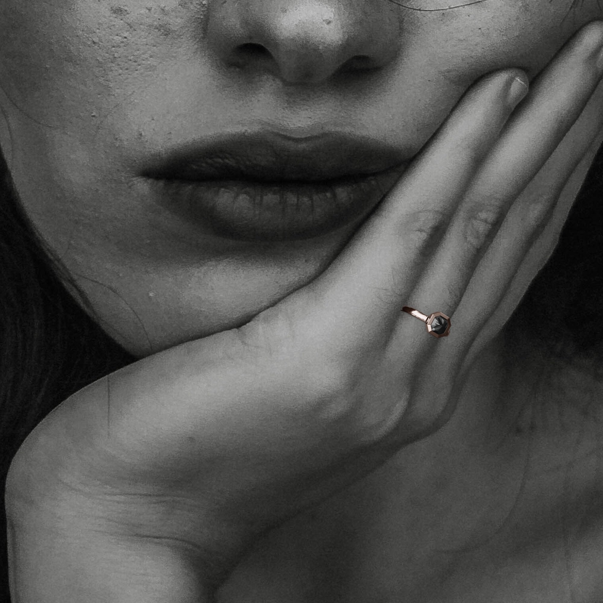 Raven's Wing - Unique  Natural Black Diamond Emerald Cut Engagement Ring In Rose Gold