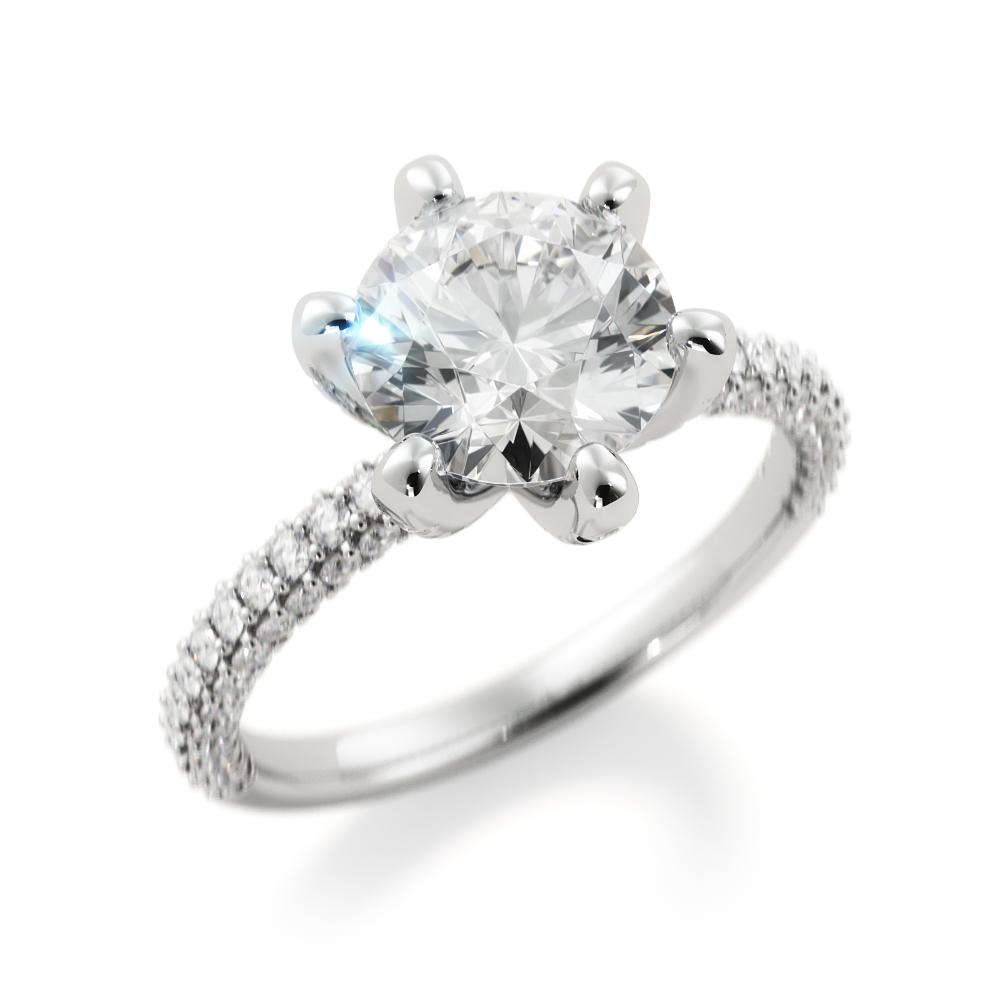 Three Sided Accent Diamonds Natural Round  Diamond Engagement Ring