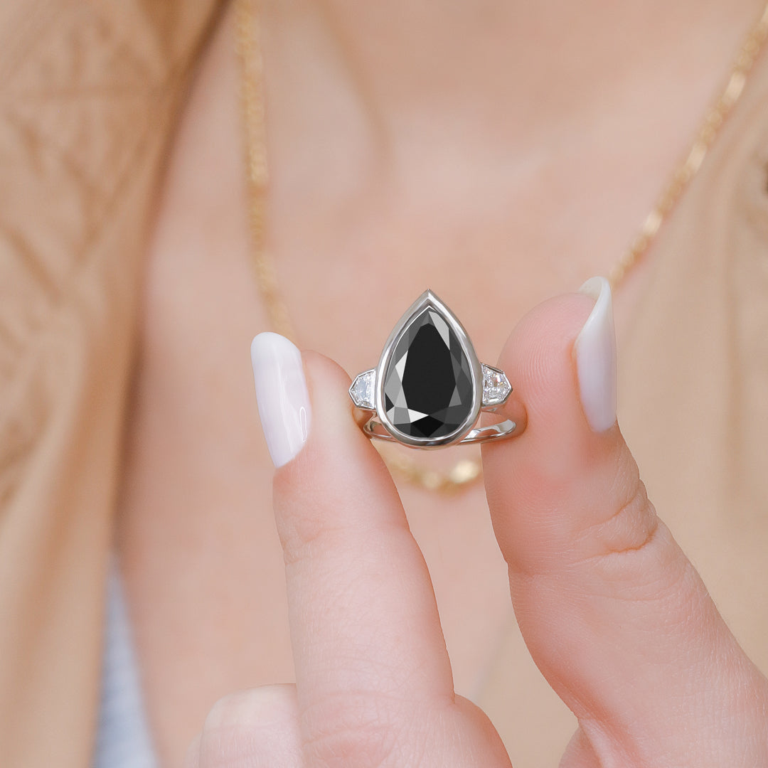 Bezel  Natural Black Diamond Pear Engagement Ring