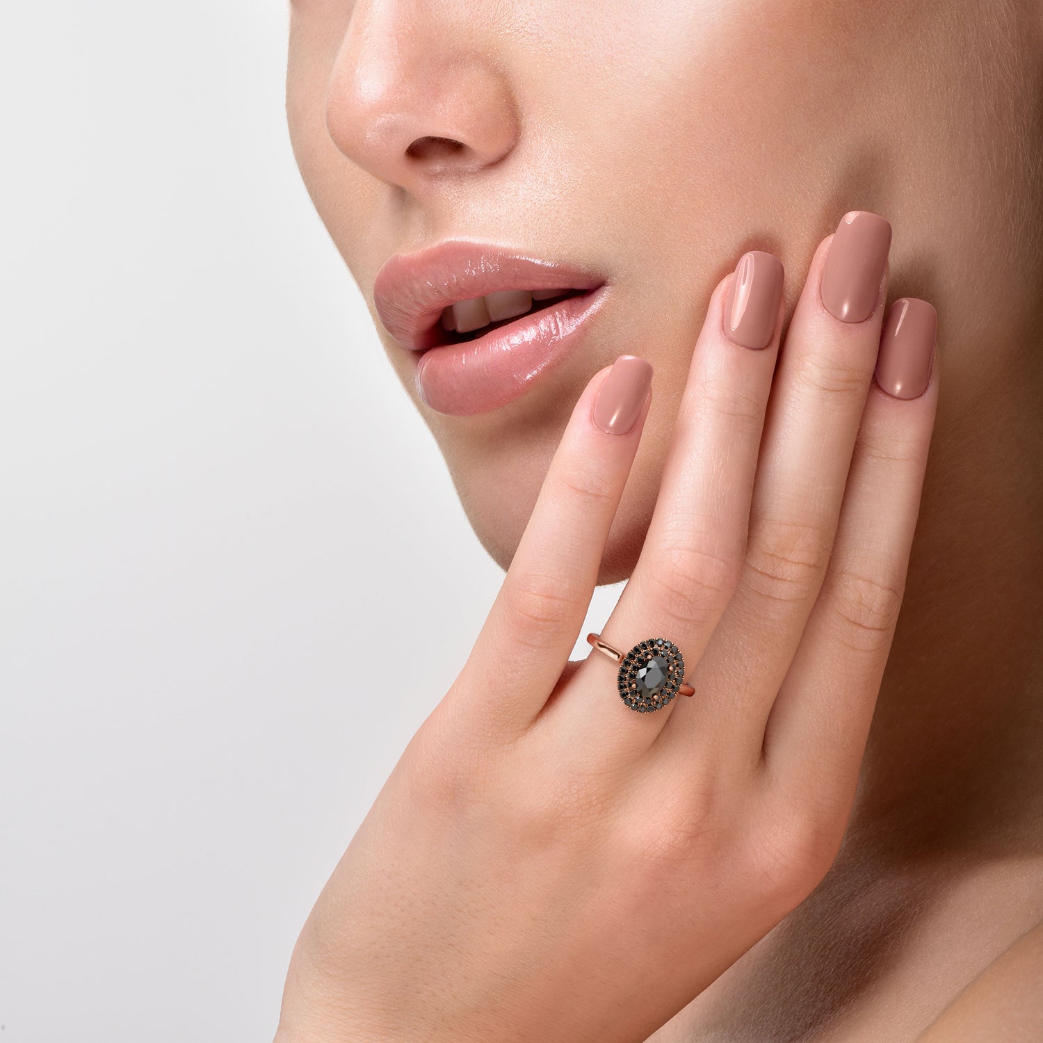 Double Halo Natural Black Diamond Oval Engagement Ring