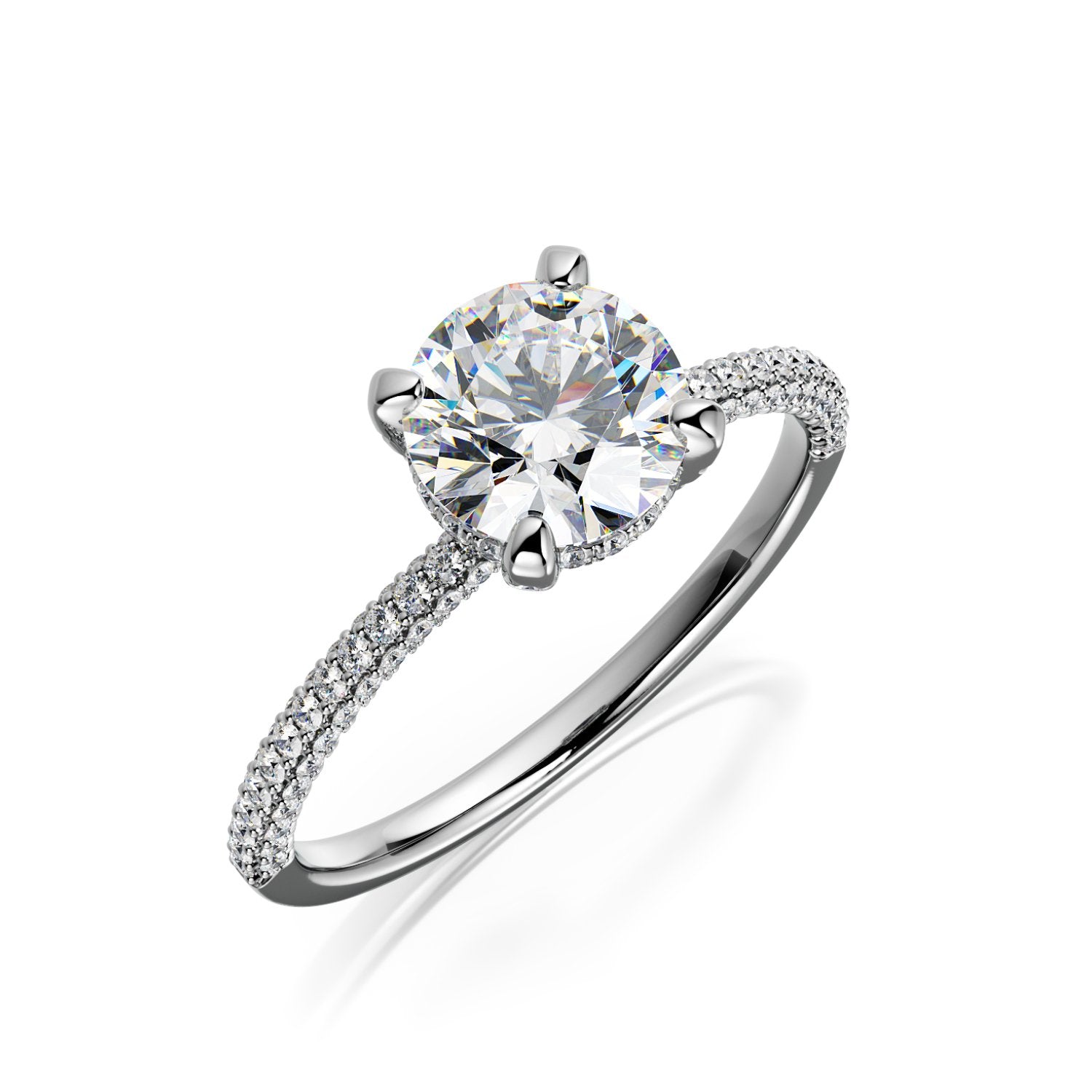 3-Row Band Hidden Halo Natural Round Cut Diamond Engagement Ring
