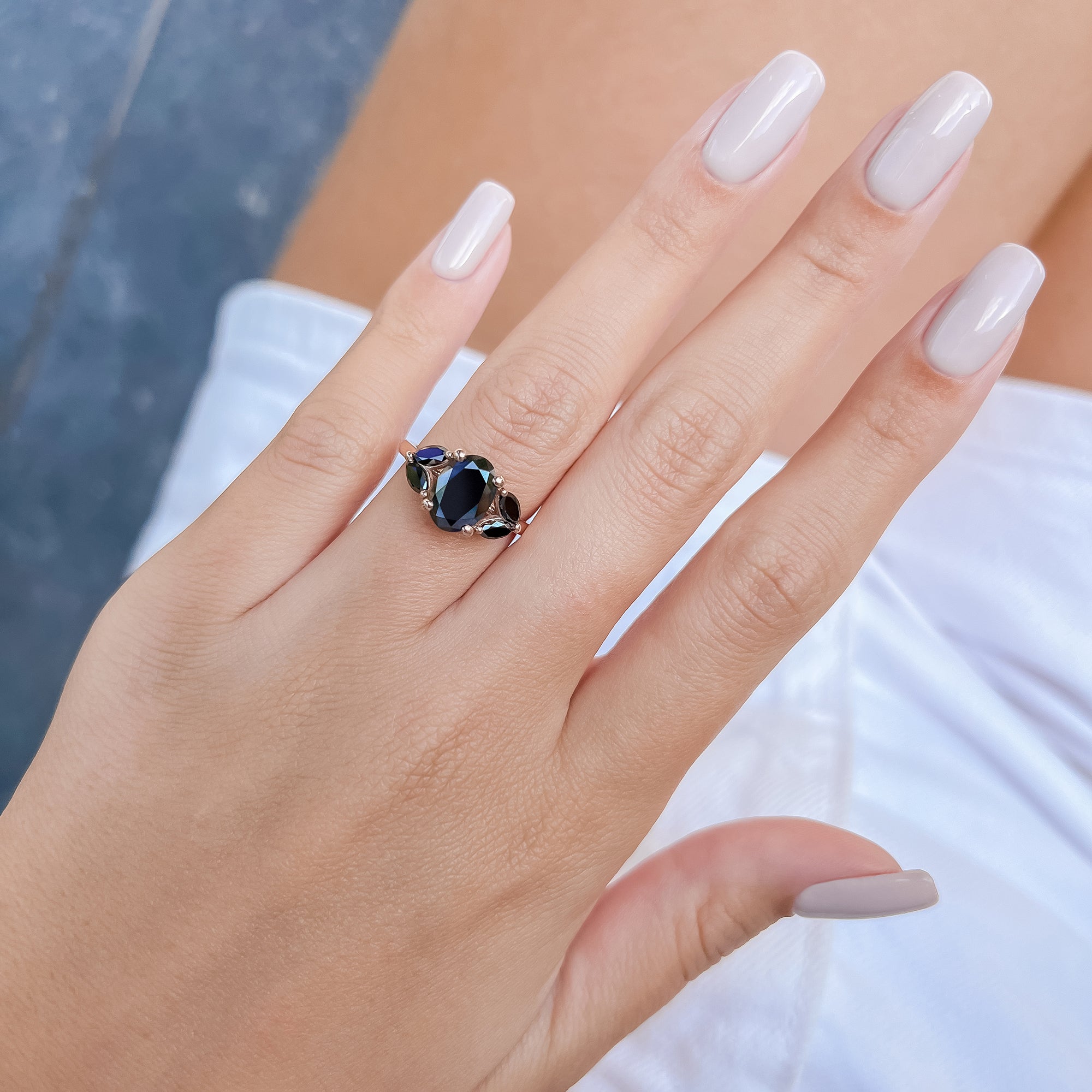 Rosette - Floral Natural Black Diamond Oval Engagement Ring