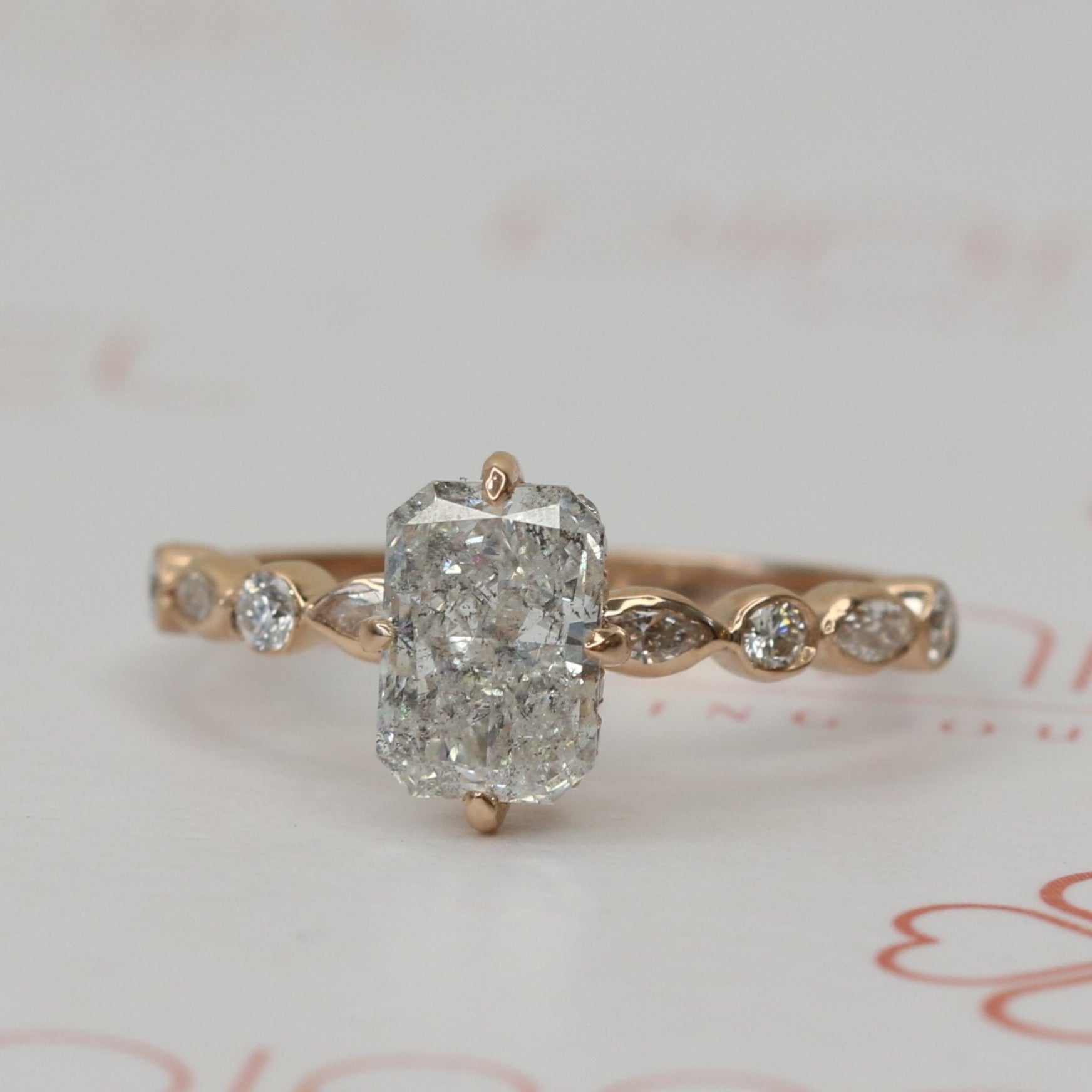Art Deco Salt & Pepper Natural Radiant  Diamond Engagement Ring