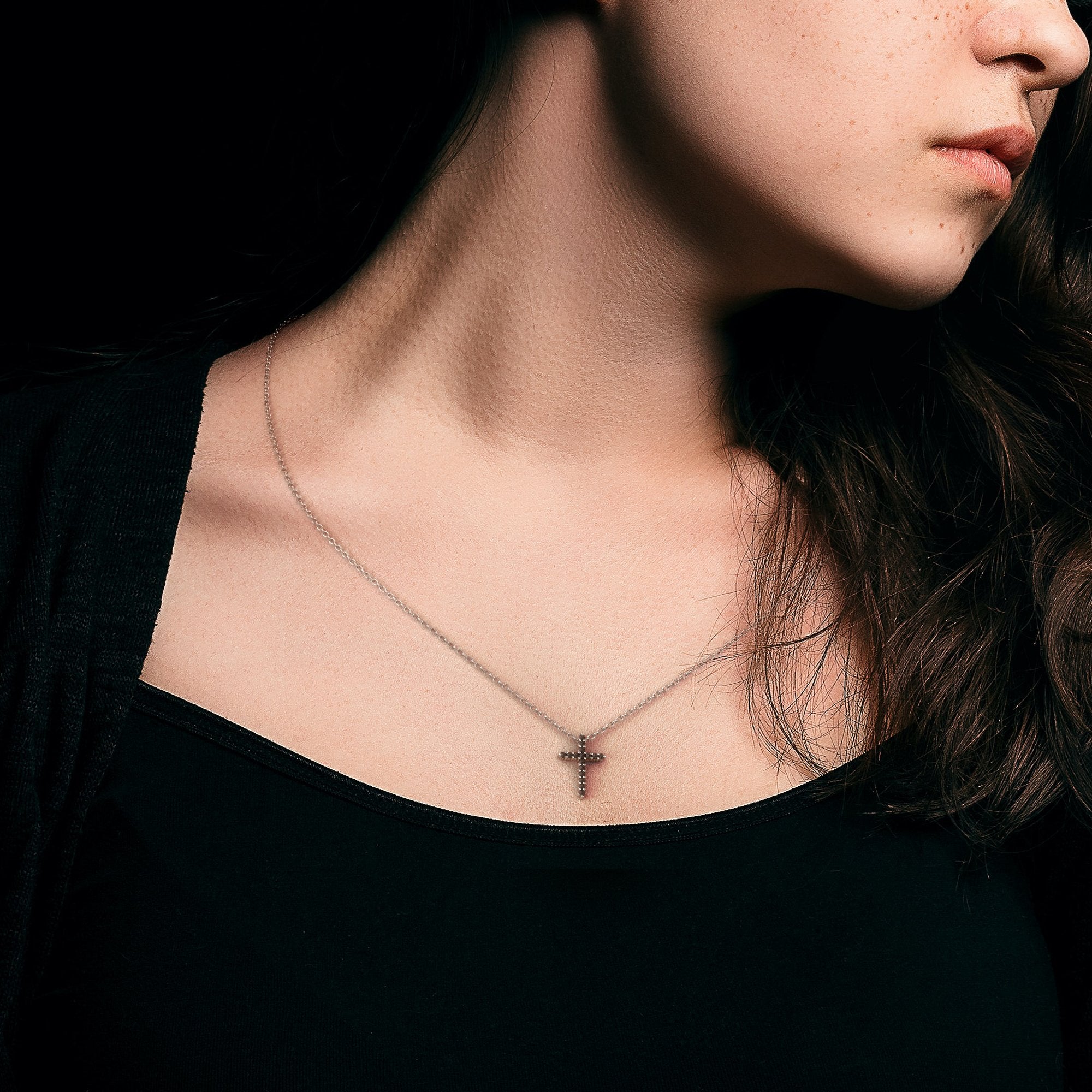 Cross Natural Black Diamond Alternative Pendant with a White Necklace