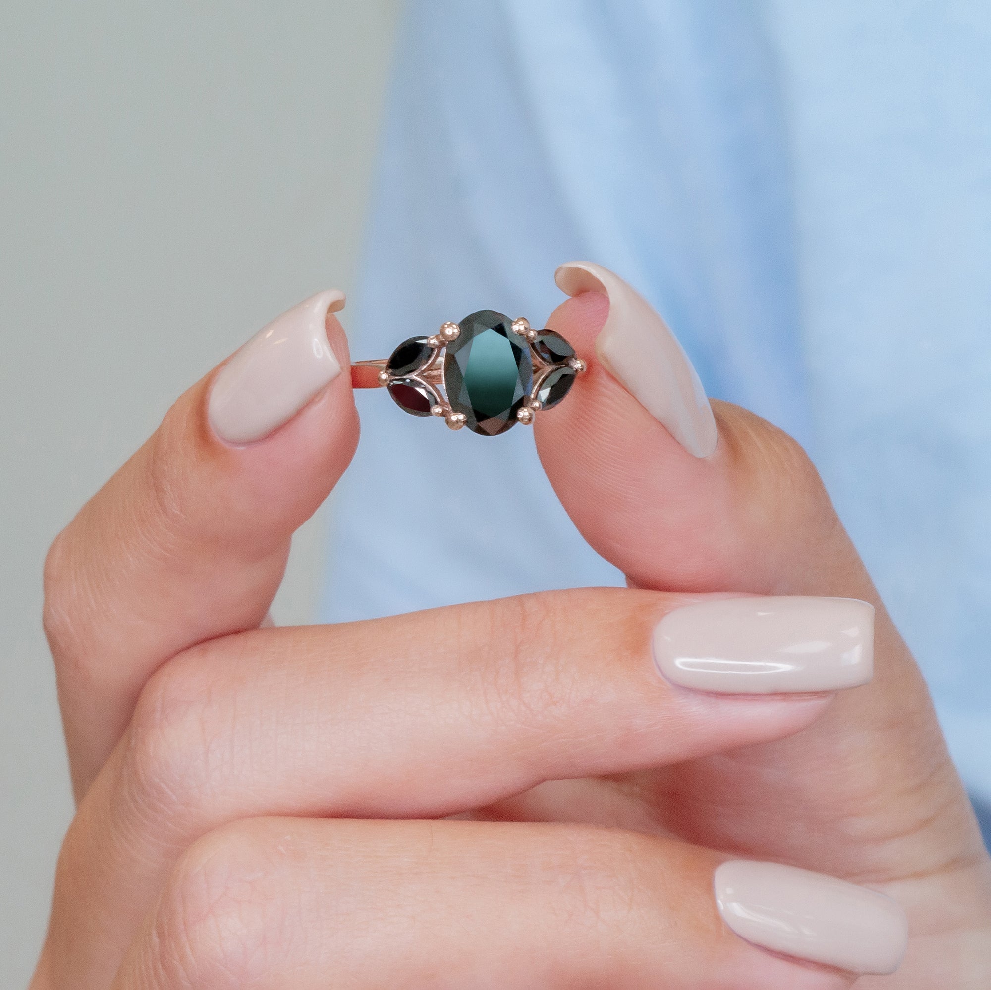 Rosette - Floral Natural Black Diamond Oval Engagement Ring